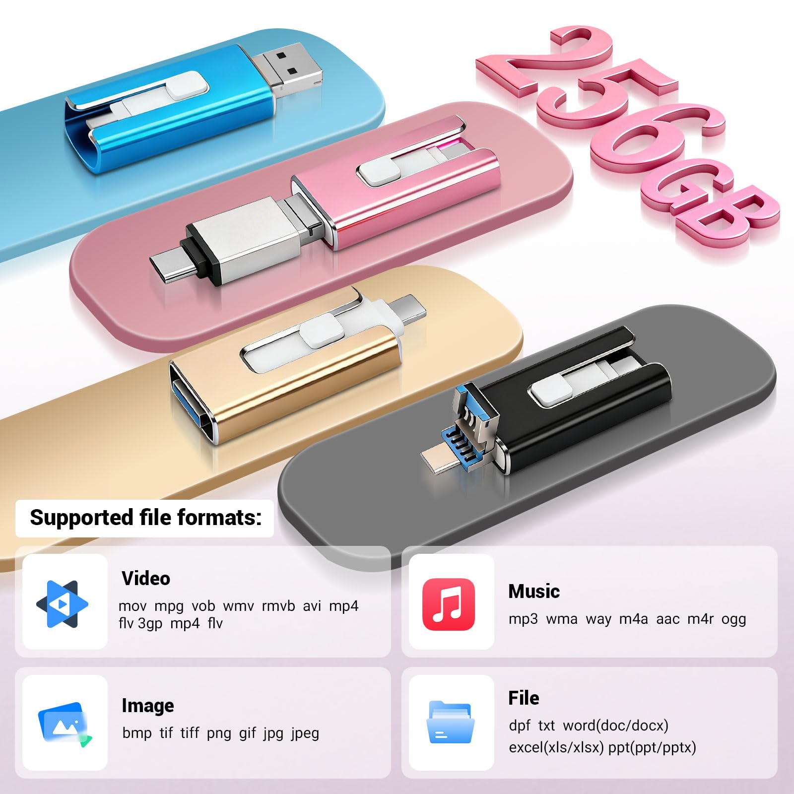 Clé USB 256 Go pour téléphone, clé USB 4 en 1 pour iPhone/iPad/Android/PC, clé USB 3.0 Haute Vitesse, Transfert Rapide, Sauvegarde de Photos et vidéos, Rose - 5