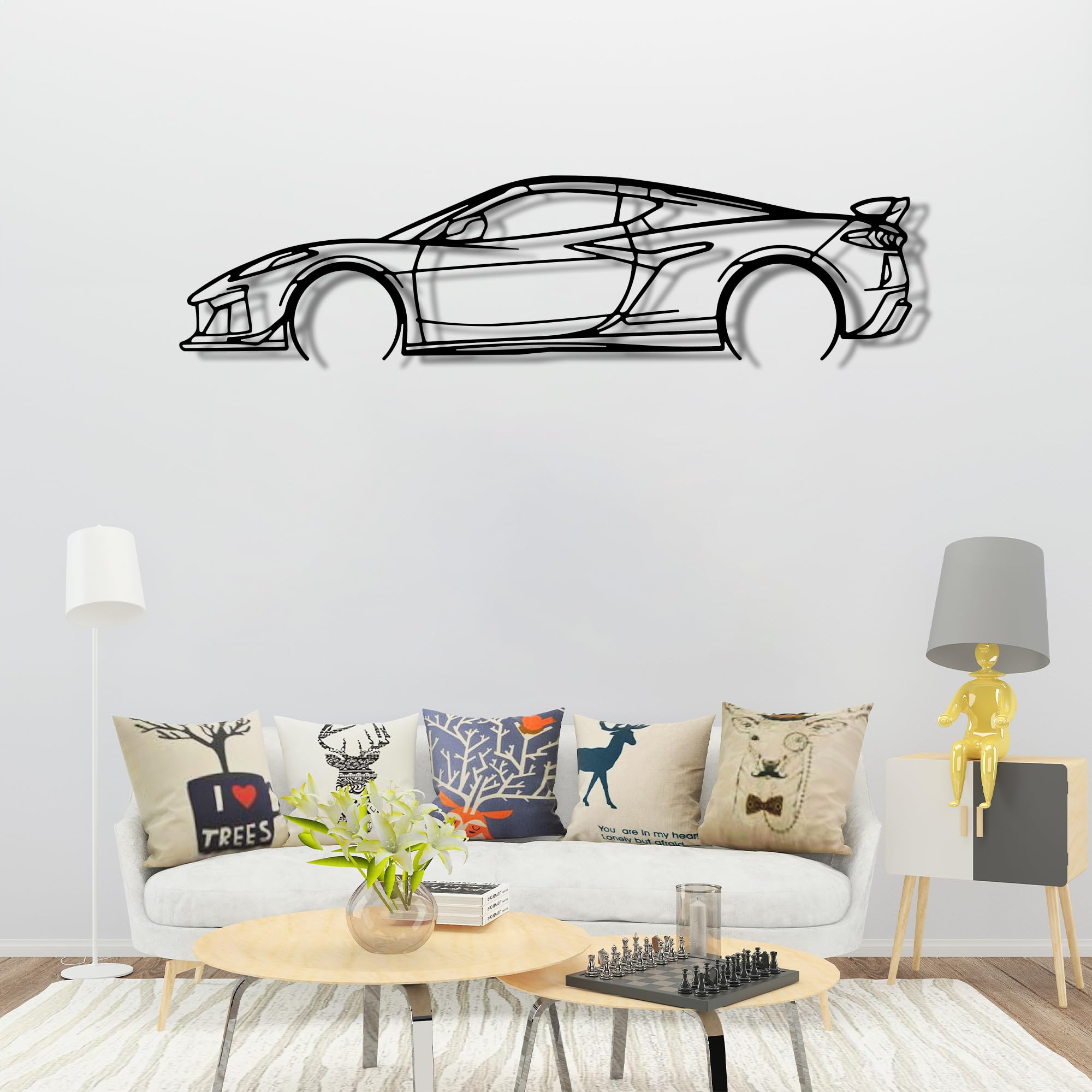 Mabi Automotive Parts Corvette C8 - Arte de pared de metal para coche, coche deportivo, decoración de línea de silueta automotriz, escultura minimalista para garaje, decoración de pared de garaje (15