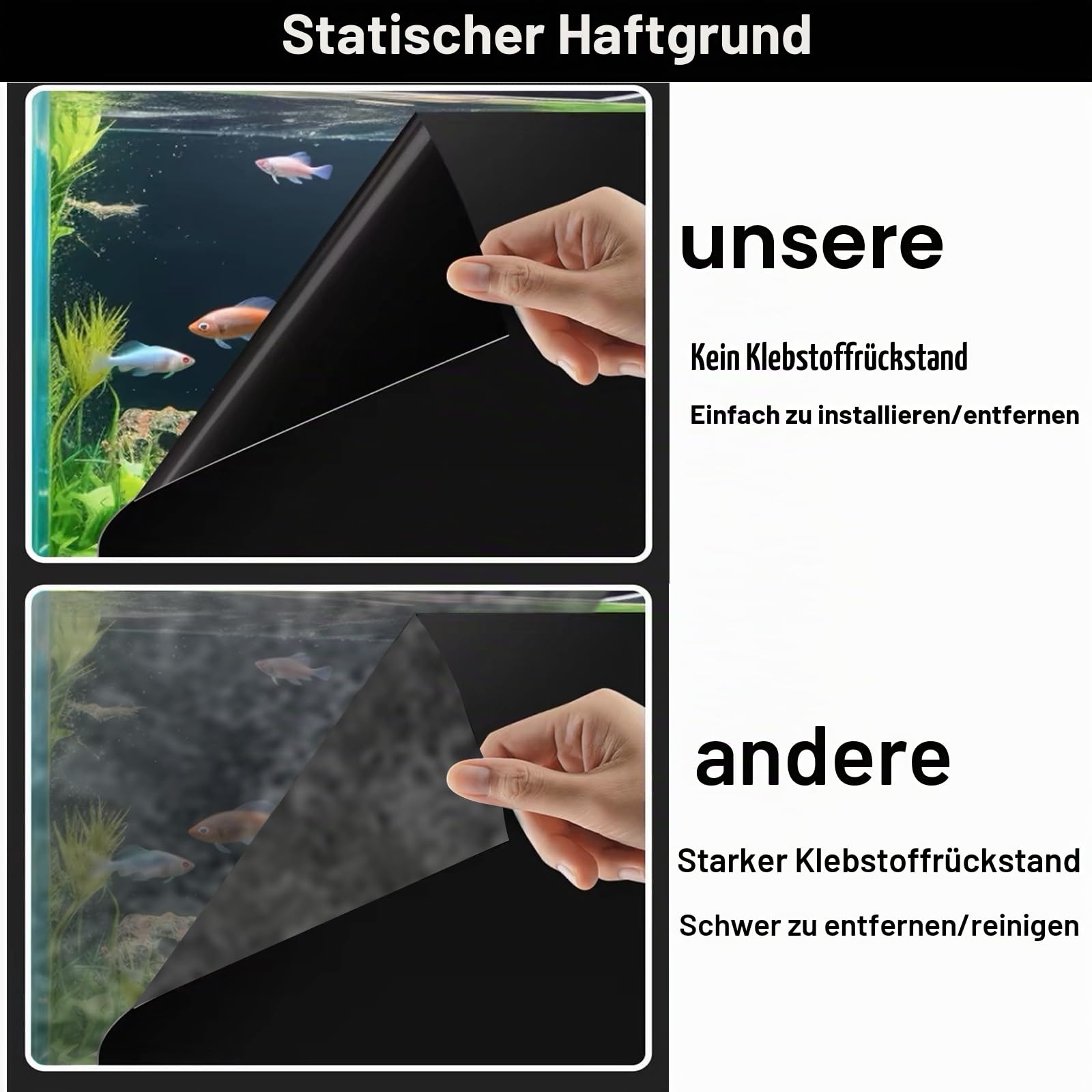 Aquarium-Hintergrund – schwarz, elektrostatische Haftung, klebstofffrei, einfache Installation, spurloses Entfernen, Größe 60 x 200 cm