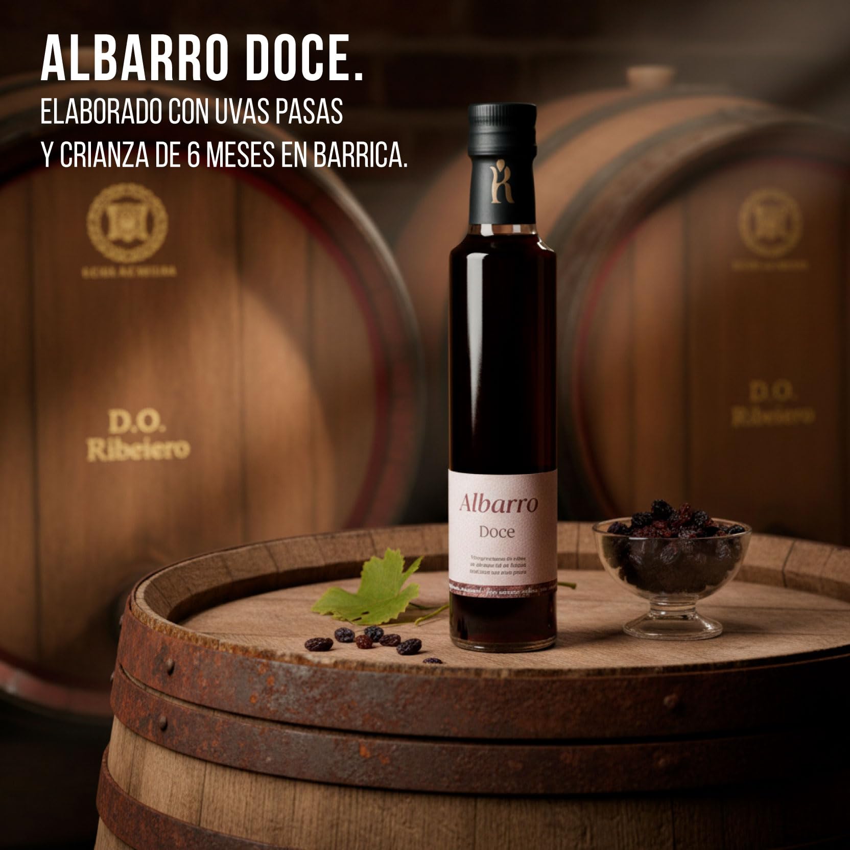 Vinagre Doce de Uvas Pasas 250 ml – Vinagre de vino blanco macerado en pasas con 6 meses de crianza en barrica – Gourmet artesanal de Galicia ideal para ensaladas y postres