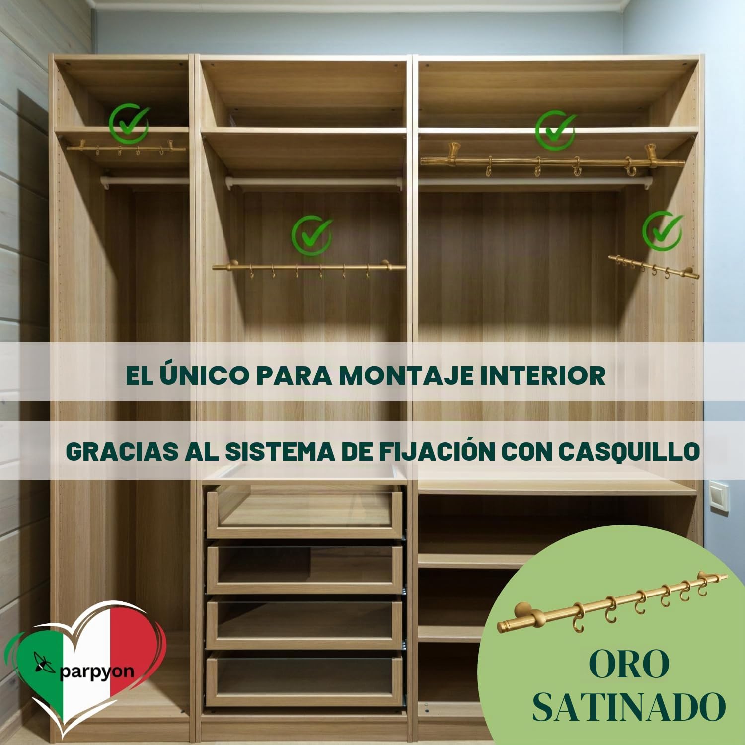 parpyon Soporte para utensilios de cocina con ganchos, barra para utensilios de cocina de aluminio para utensilios de cocina con tapa y cucharón (dorado satinado, 40 cm)
