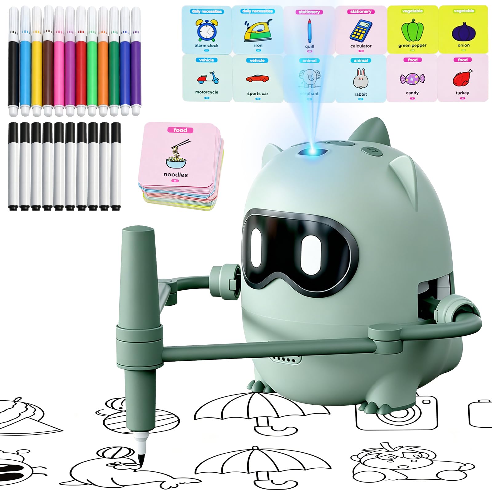 Robot do malowania dla dzieci, robot rysunkowy dla dzieci, z 200 kartami do nauki, muzyką i 12 kredek, interaktywna zabawka edukacyjna, zabawka edukacyjna dla chłopców od 3 lat