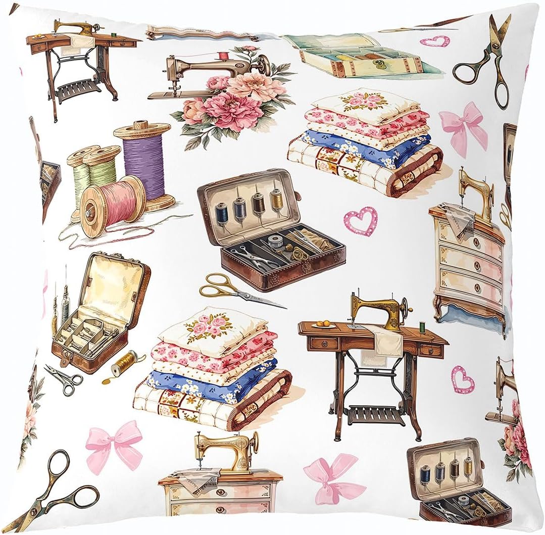 Manfei Vintage Sewing Station Throw Pillow Cover Retro Craft Supply Cushion Case Sewing Theme Pillow Cover for Living Room,White Brown Soft Pillowcases,18x18 Inches