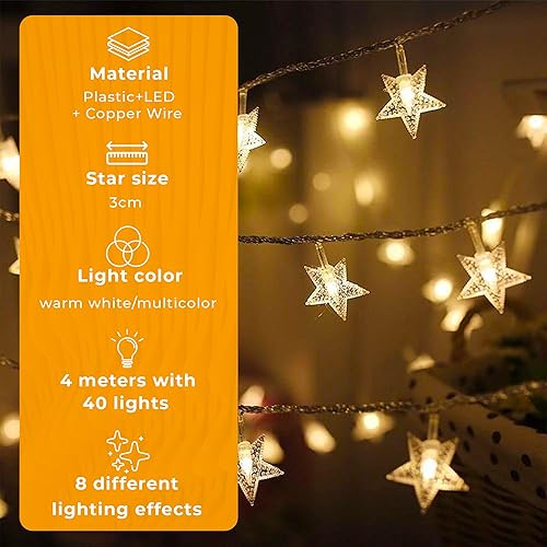 Miniatura 7 de Guirnalda de 40 luces LED de estrella, guirnalda de luces con control remoto y temporizador, funciona con pilas, impermeable, interior, exterior,