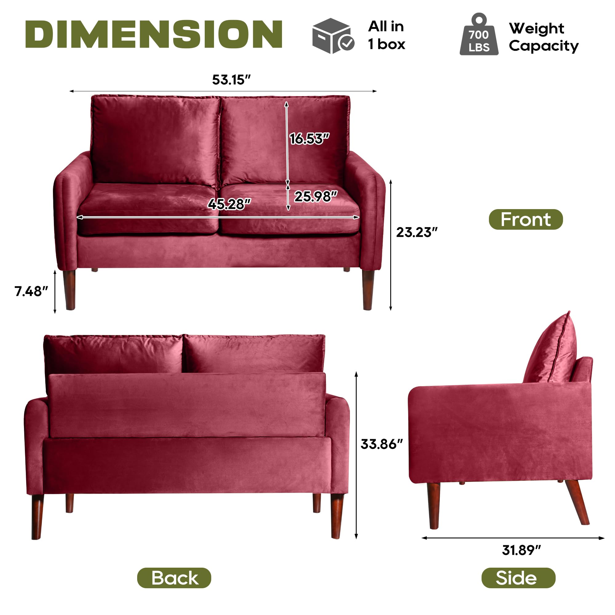 Bilhilury 54" Loveseat Sofa, Velvet Love Seat Couches for Living Room, Loveseat for Small Spaces, Small Couch for Bedroom Apartment Office, Mid-Century Modern Sofa with Throw Pillow,