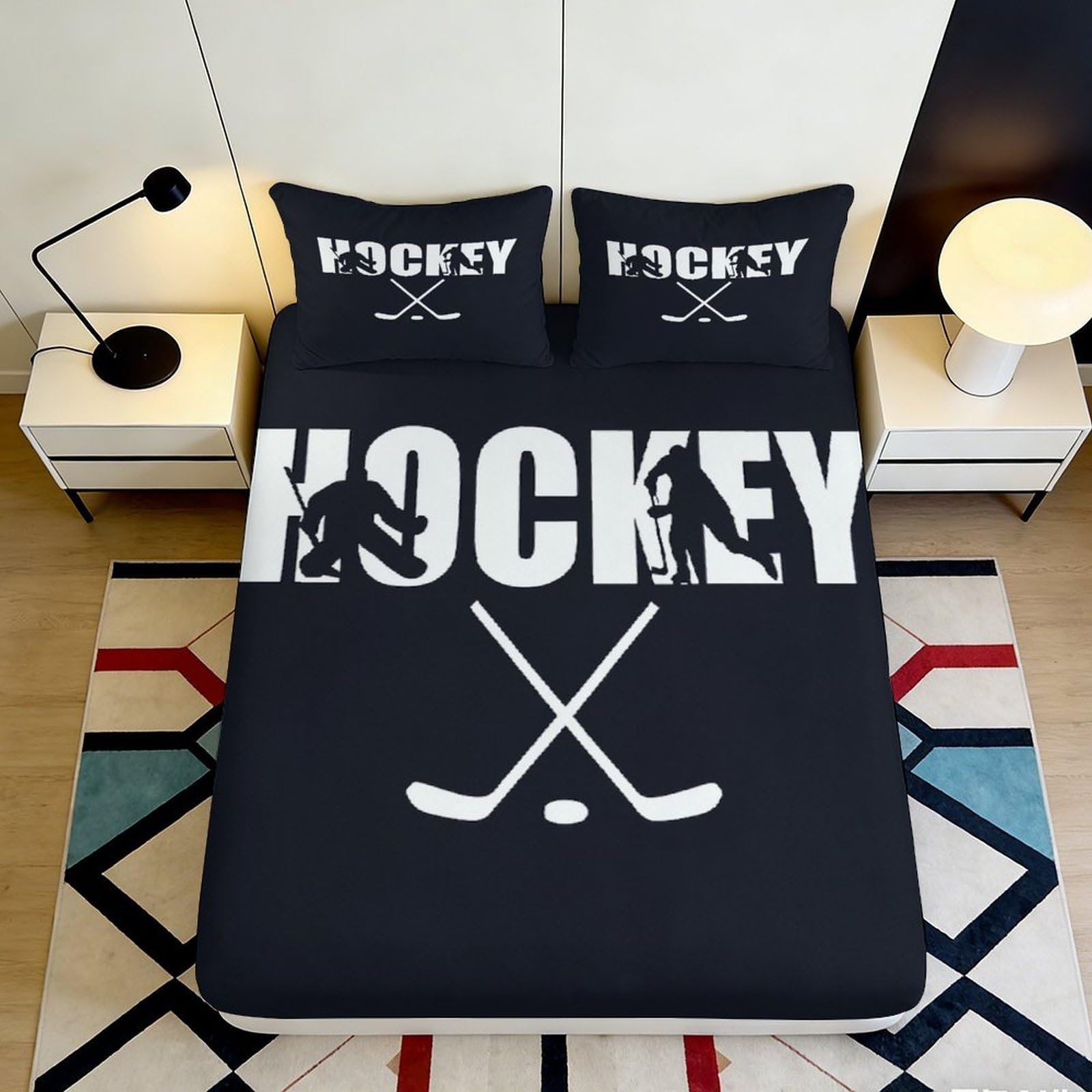Pnayamiorkfel Style-6 3D Printed Hockey Sports Fitted Sheet Microfiber Black Bed Cover Anti-Slip Washable Decor For Bedroom Guest Room 90X200x25cm