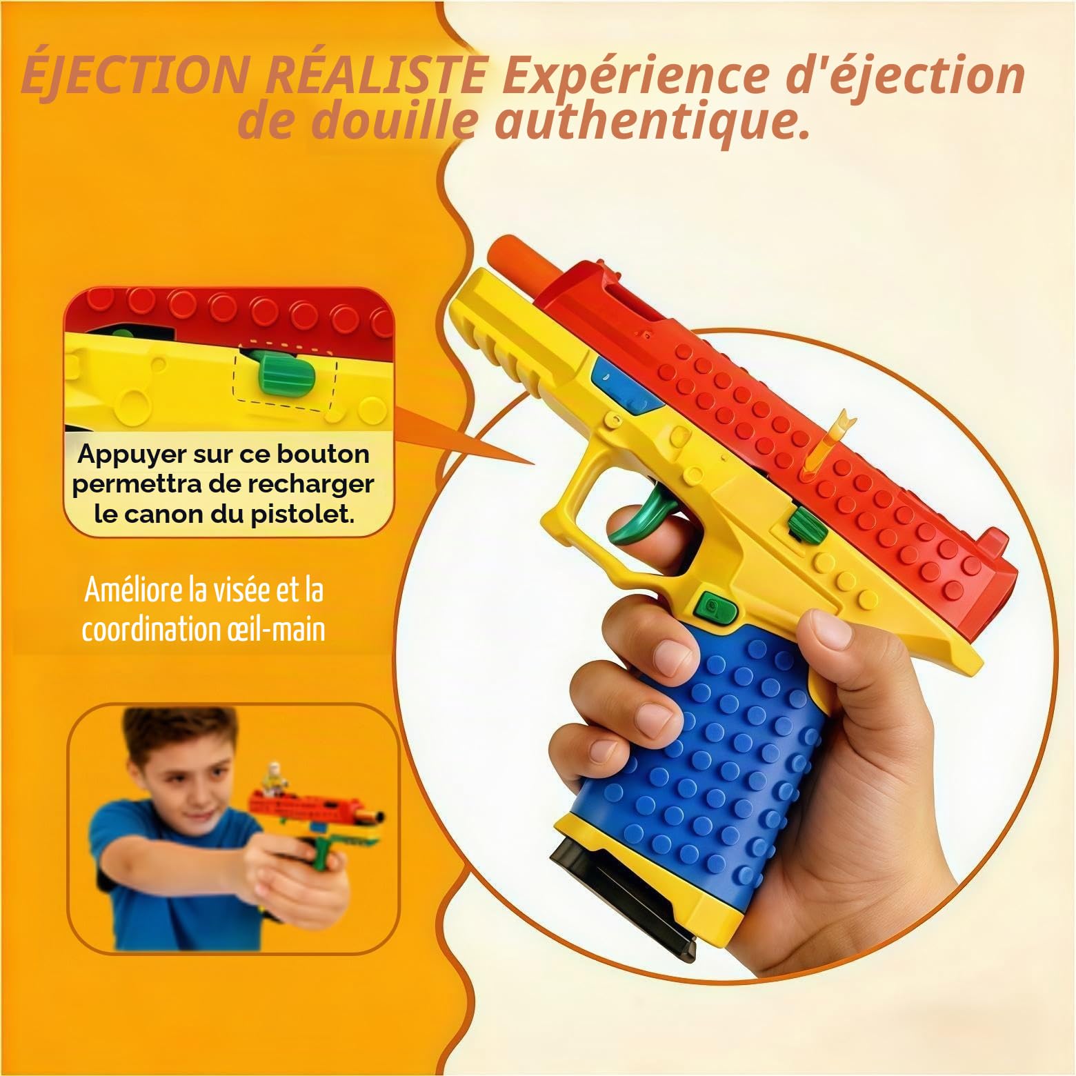 Pistole jouet en blocs de construction, lanceur automatique de cartouches avec amusement pour construire, compatible avec la plupart des systèmes de blocs de construction, inclut des