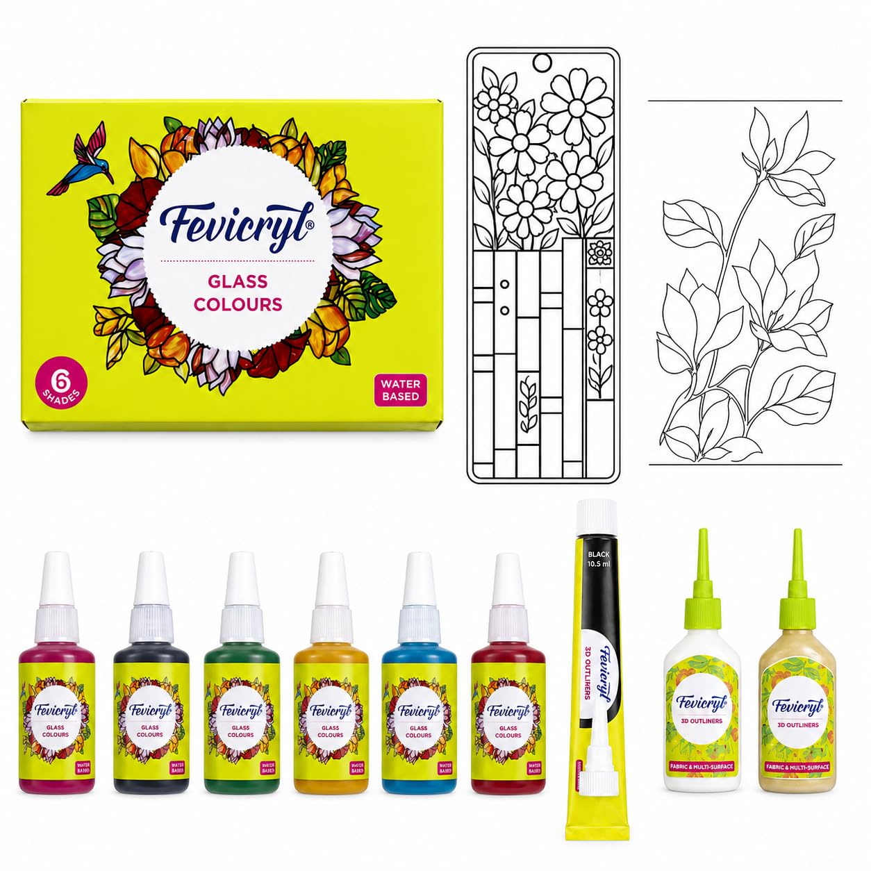 Fevicryl Glass Colours Set of 10, Water‑Based, with Black Liner and Free Golden 3D Outliner for Stained Glass Painting, DIY Art and Craft on Bottles and Windows-image-18
