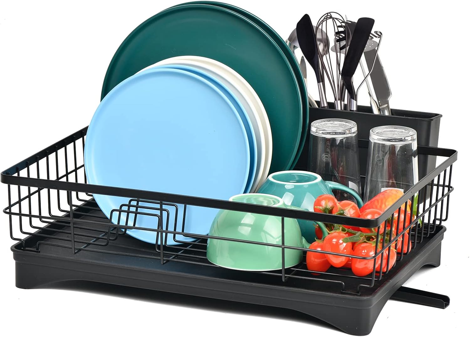 HappyHapi Dish Drying Rack, Dish Rack with Drainboard Utensil Holder