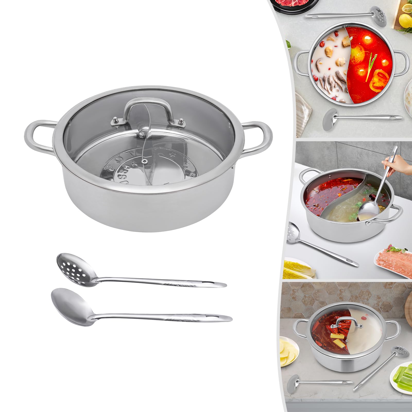 Olla para fondue de acero inoxidable con divisor y tapa, olla shabu olla de inducción, olla de inducción para cocina de gas (32 cm)