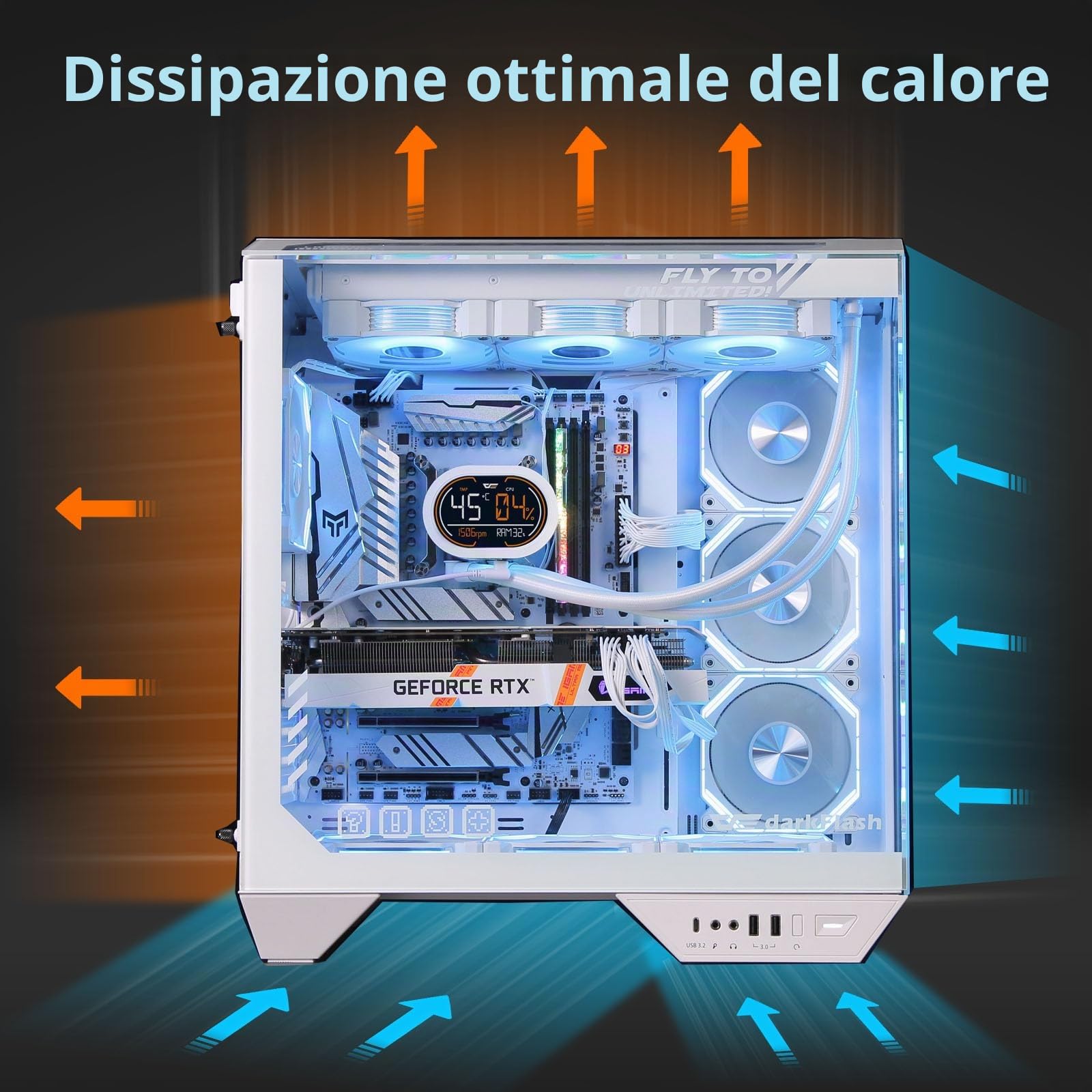 darkFlash Case PC ATX Full-tower Gaming, Scheda Madre con Connettore Posteriore, Doppia Camera, Vetro Panoramico, Fino a 2x360mm Rradiatori, Compatibile con RTX 40 (DY470) (1 ventole PWM ARGB, Bianco)