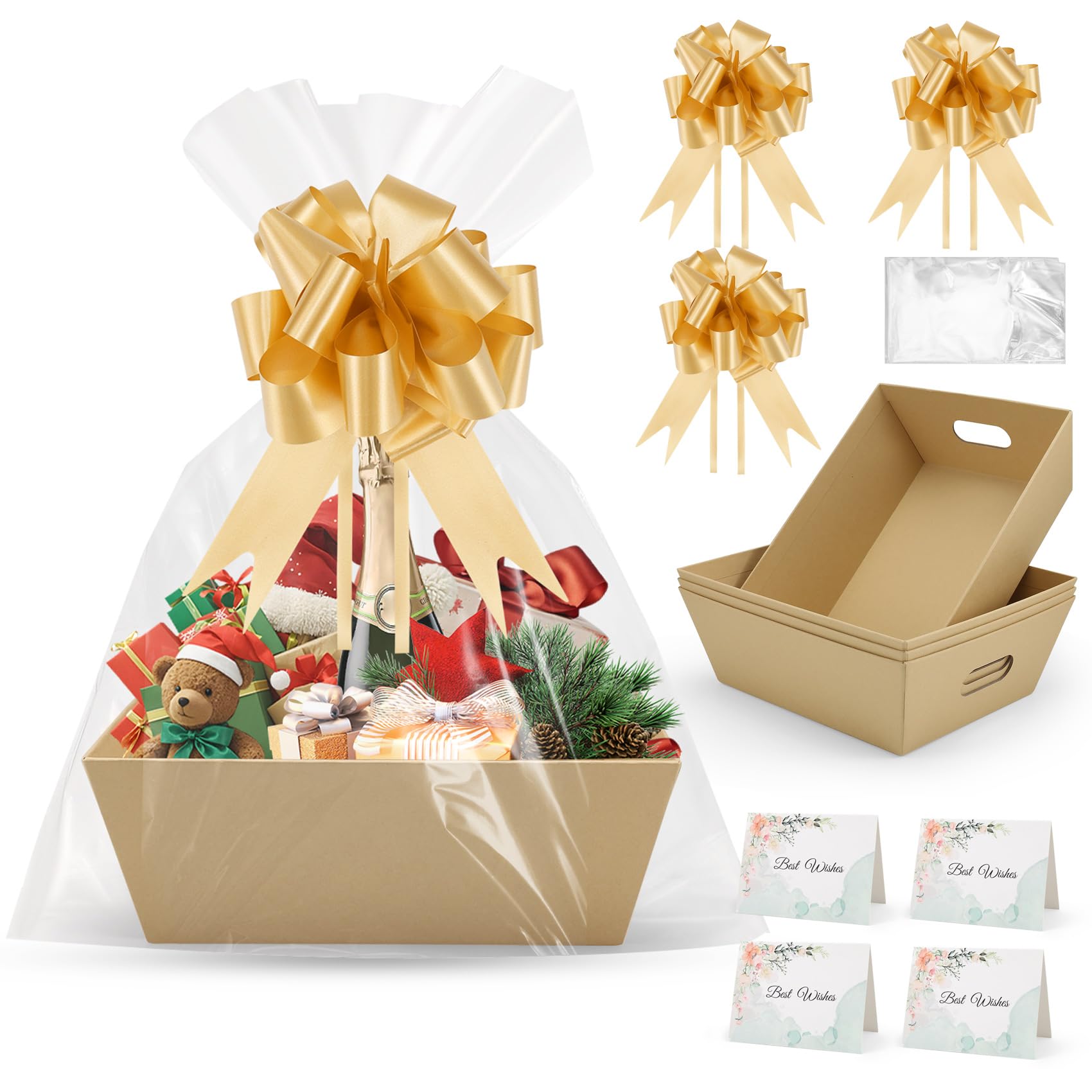 Nagoyuki 4 Set Large Gift Basket Hamper Kit, 25 x 21CM Gifts Baskets with Bows Cellophane Bags Greeting Cards for Wedding Birthday Christmas Valentines Holiday Party Favors (Yellow)