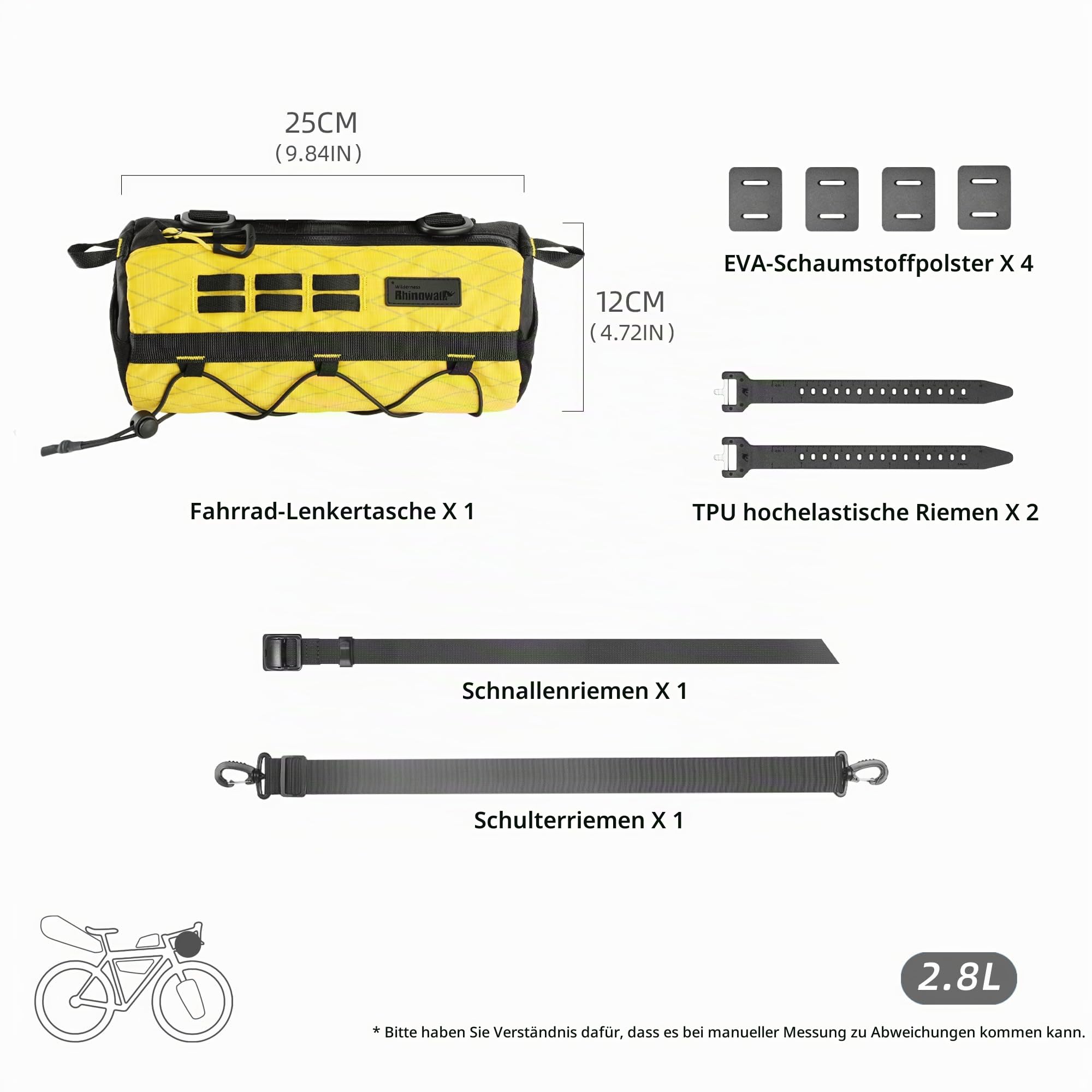 Rhinowalk Fahrrad Lenkertasche 2,8L – wasserdichte Lenkertasche mit Fester Eva-Struktur und Schultergurt – für MTB, Rennrad und Tourenrad （Weiß）
