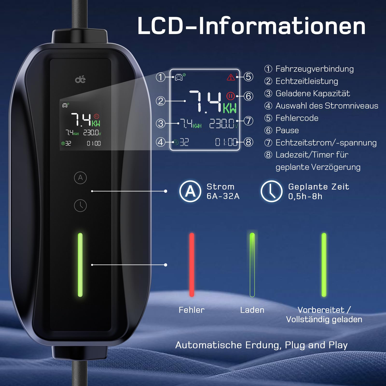 dé Ladekabel Typ 2 CEE Stecker 7,4kW [1-phasig|10m|6-32A] mit Einstellbarer Ladeleistung, EV-Ladegerät und Mobile Ladestation/Wallbox für ID.3, ID.4, ID.5, Model Y / 3, e-up, e-tron, Zoe und andere EV