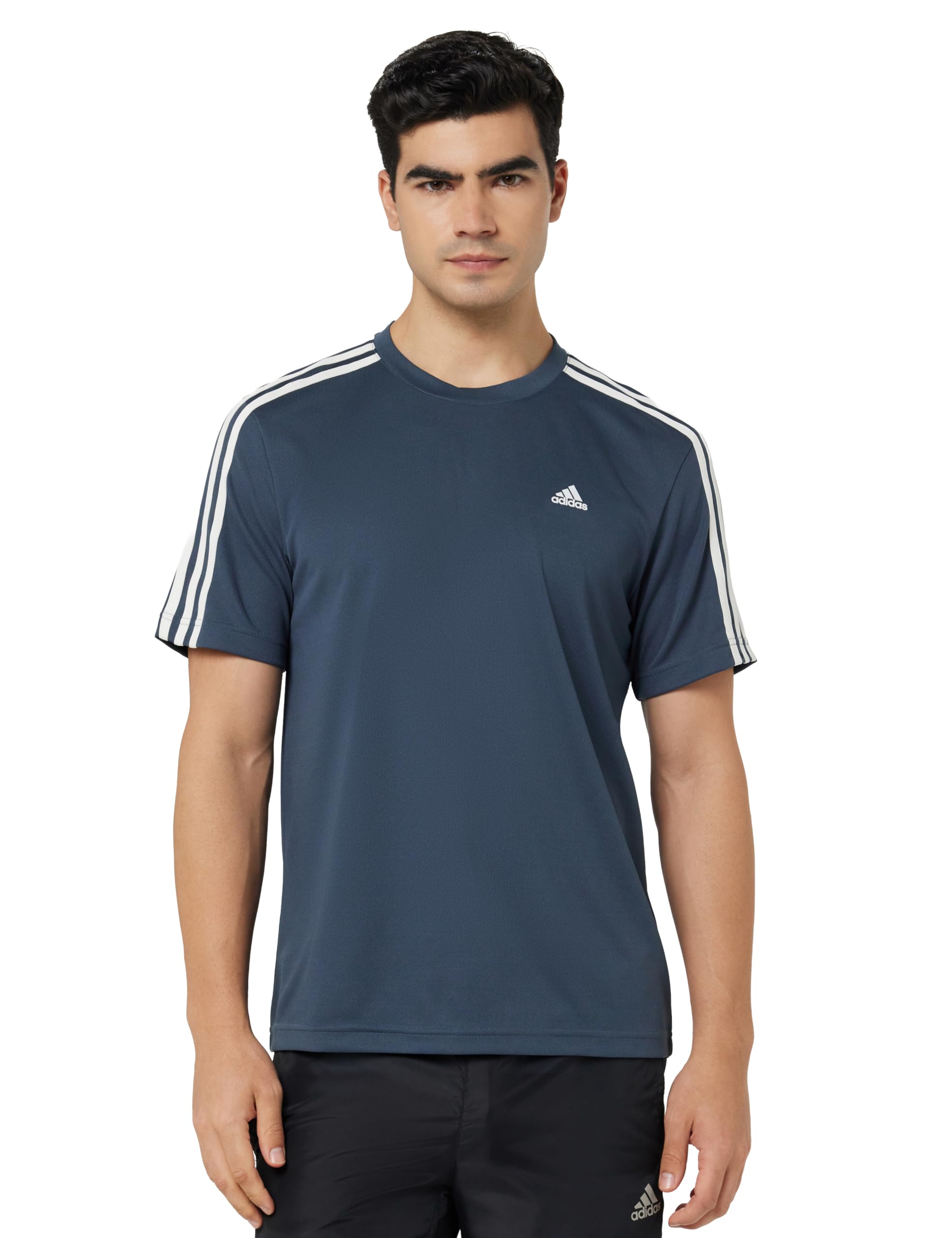adidas Sporty Men Round Neck 3-Stripes Tee - Lightweight, Breathable & Moisture-Wicking Sports T-Shirt for Training, Running, Gym & Everyday Casual Activewear for All-Season