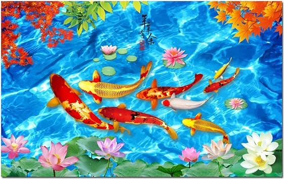 HYLOVE FISH Art - Feng Shui Wall Art Koi Fish Painting Lotus Flowers Picture Canvas Prints Poster Artwork Modern Pictures Home Decor Framed Ready to Hang HYL1131, 16"x24"