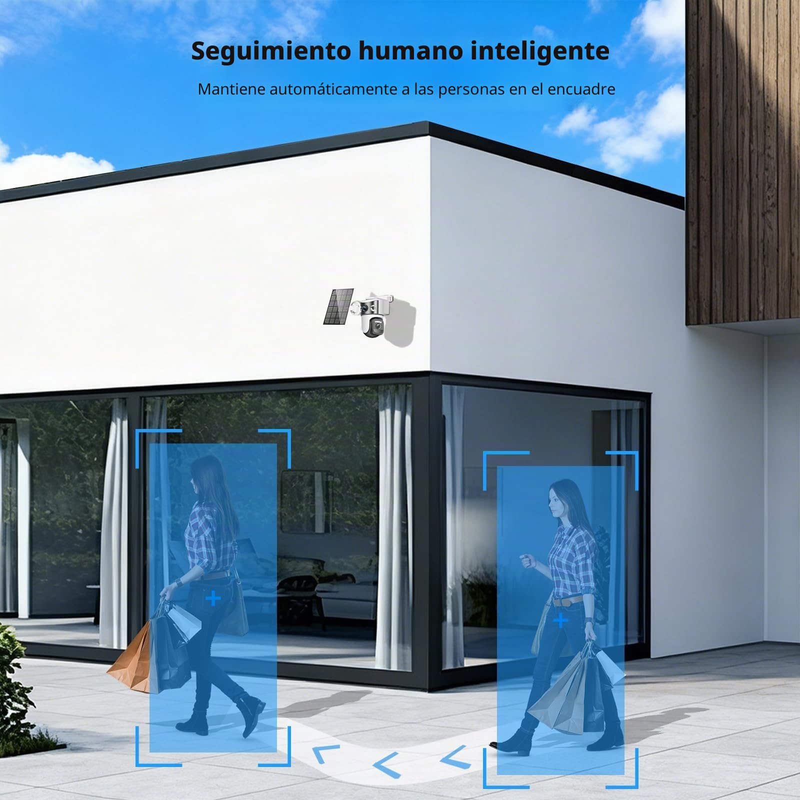 8MP Cámara Vigilancia WiFi Exterior Solar con Doble Lente, Panel Solar 6W, 360° PTZ,Visión Nocturna en Color,Audio Bidireccional,Detección Humana PIR, 2.4GHz,IP66