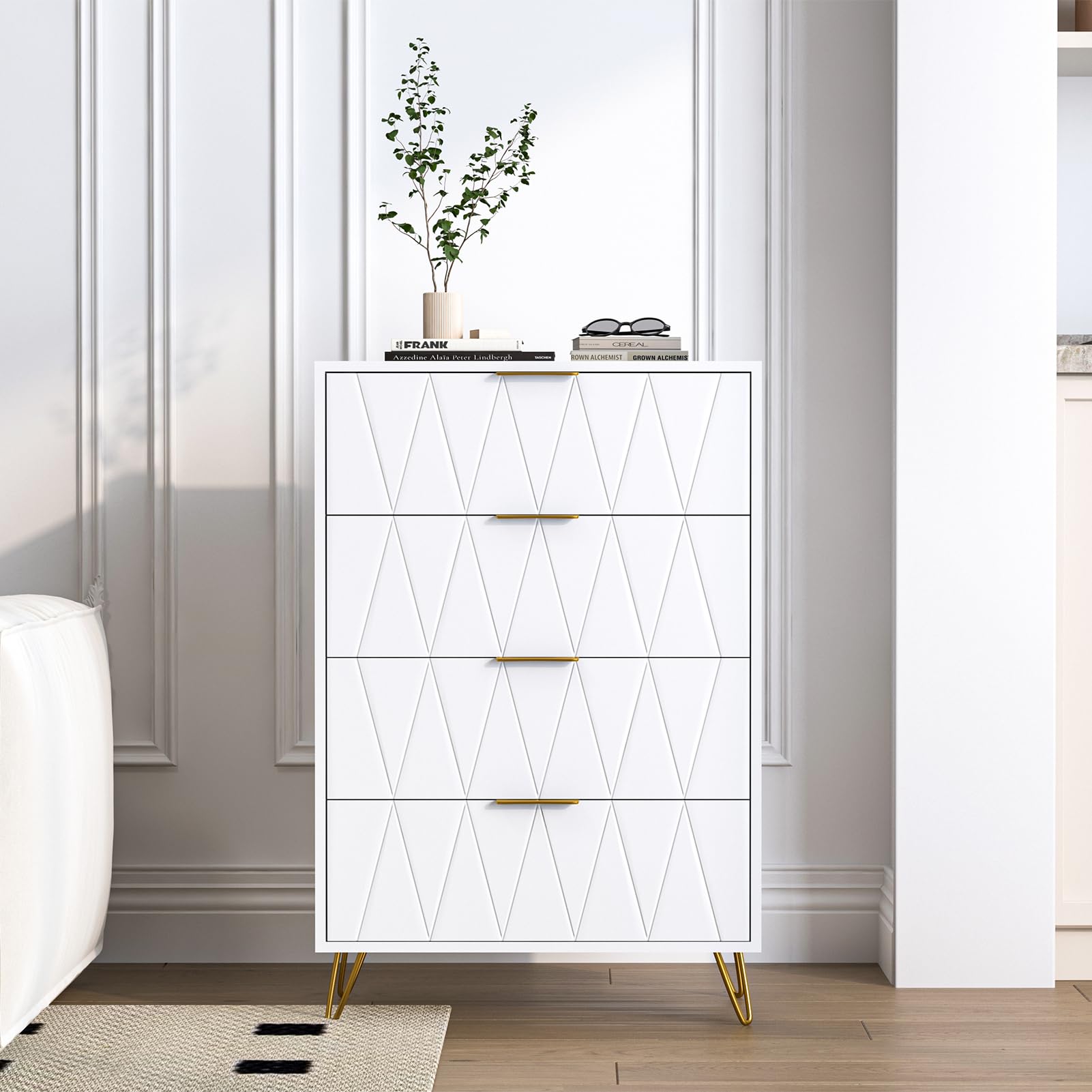 Commode 4 Tiroirs 60cm, Commode pour Chambre à Coucher, Enfant, Salon ou Couloir, Moderne Tiroirs Meuble de Rangement, 60x34x90 cm, Blanc