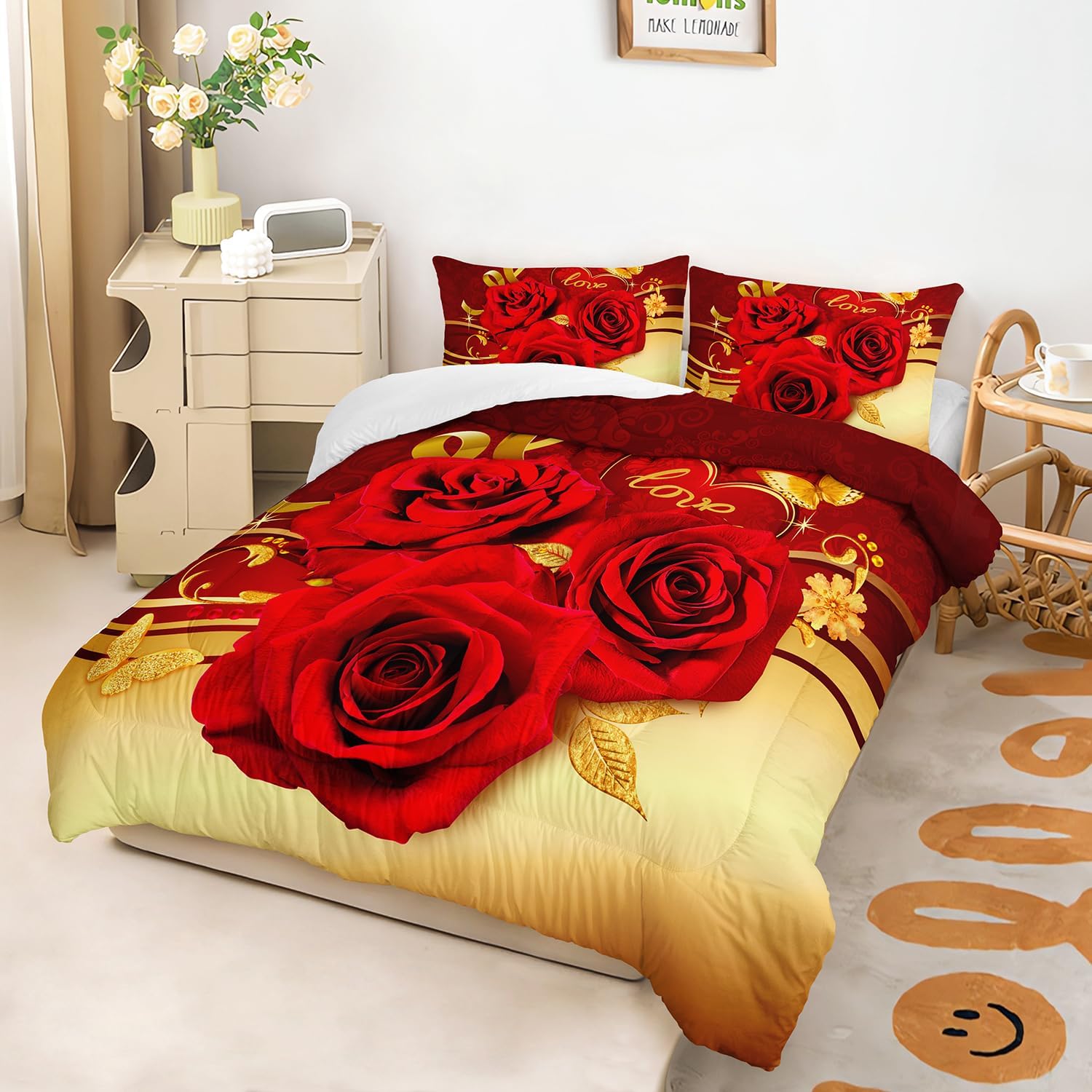 AILONEN Red Rose Comforter Set Queen Size, Gold Hearts Themed Bedding, 3-Piece Romantic Luxury Flower Comforter With 2 Pillowcases, Soft Microfiber image 2
