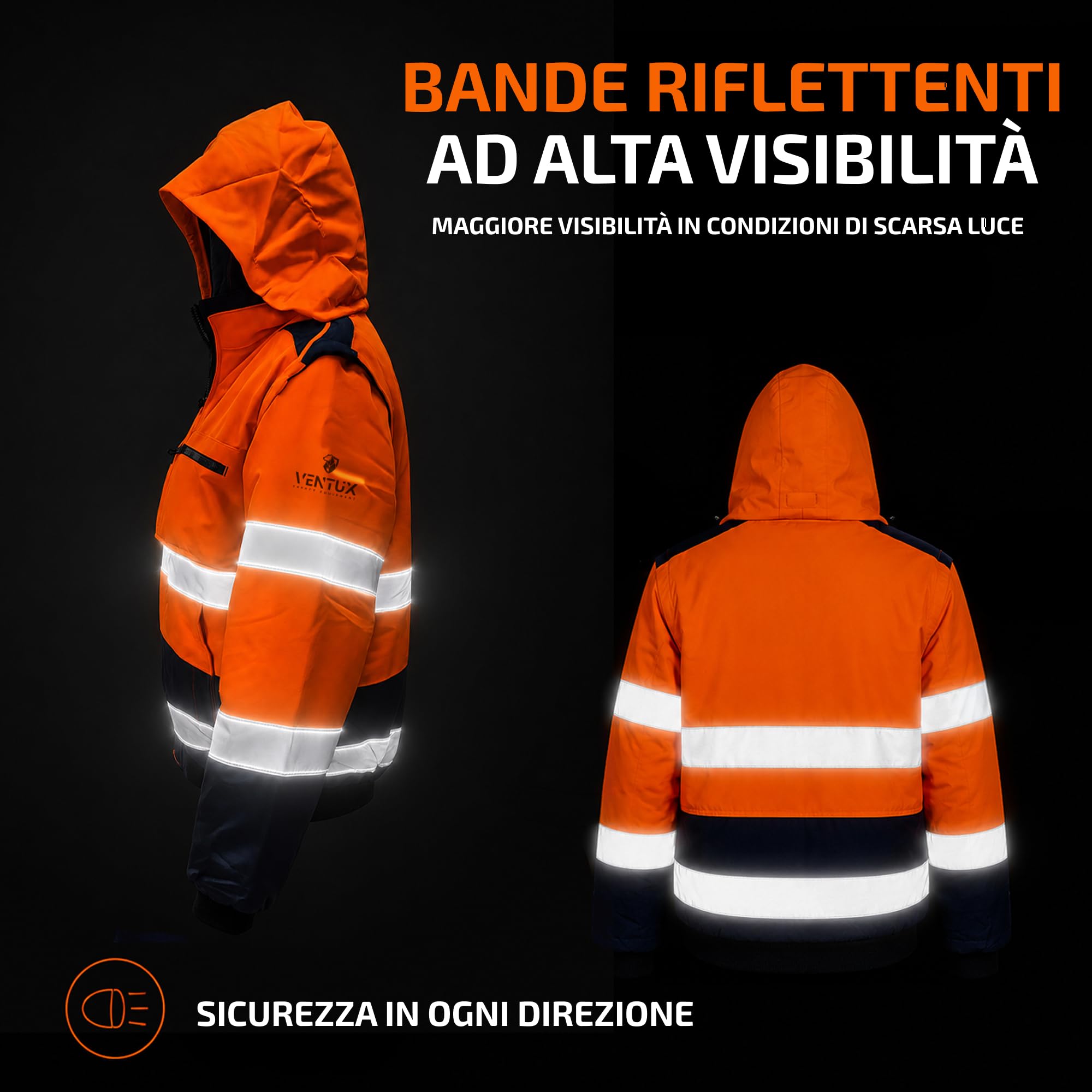 Giacca ad Alta Visibilità Softshell Imbottita con Catarifrangenti, Anti-Pioggia, Arancione/Blu Navy