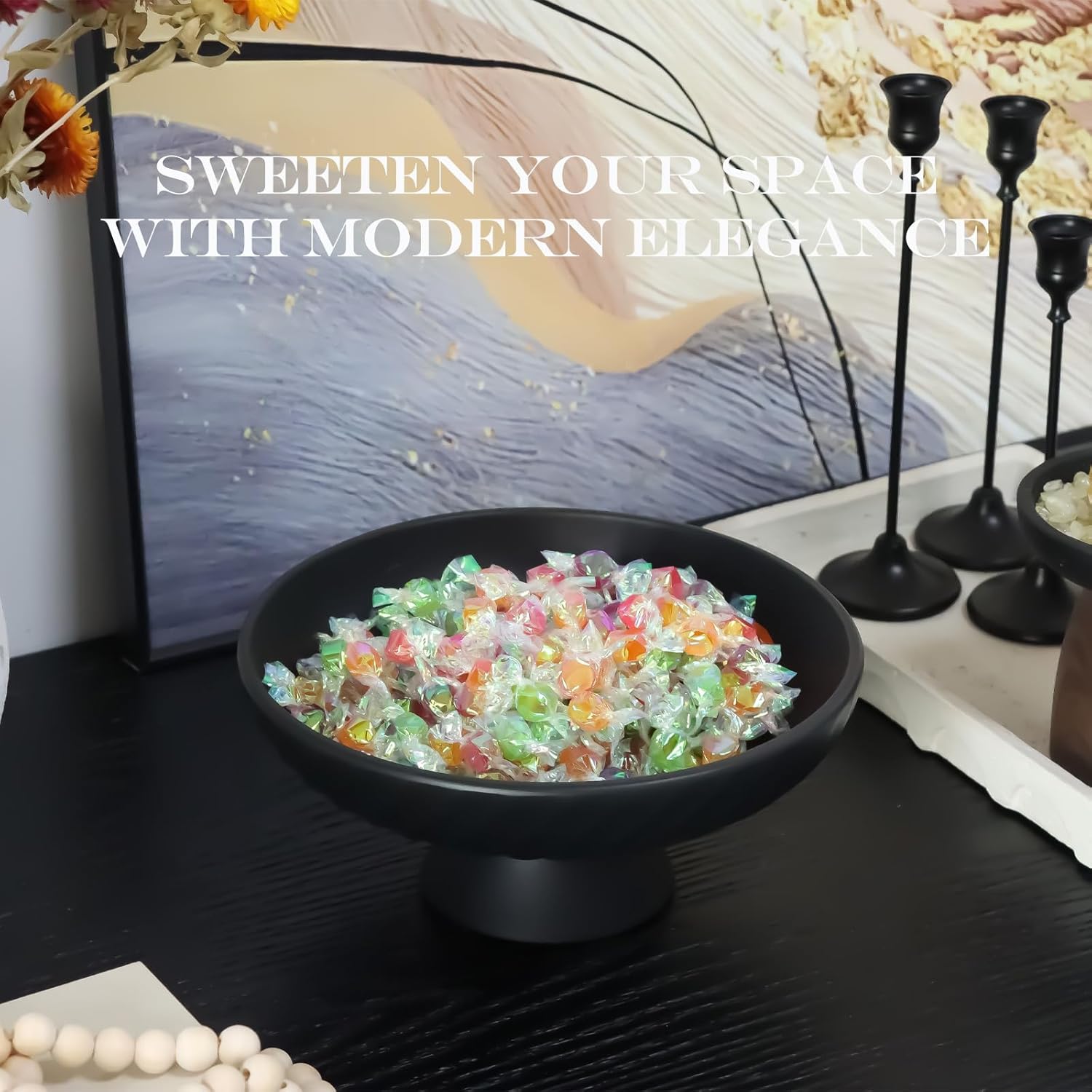 Decorative Bowl for Fruit Candy Keys Purse - Large Pedestal Decor Bowl for Kitchen Counter - Morden Round 10" Aesthetic Bowls for Coffee Entry Table Centerpiece Decor (Black)