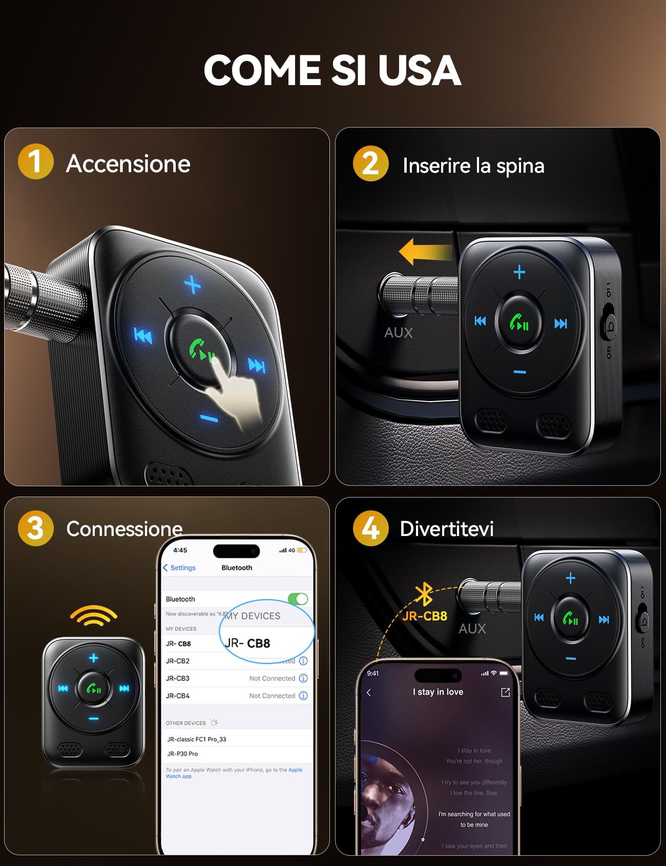 2025 JOYROOM Bluetooth 5.4 Auto, Ricevitore Aux 【Basso E Hifi Stereo】 Vivavoce Bluetooth Per Auto con Indicatore LED, Aux con 16 Ore di Riproduzione