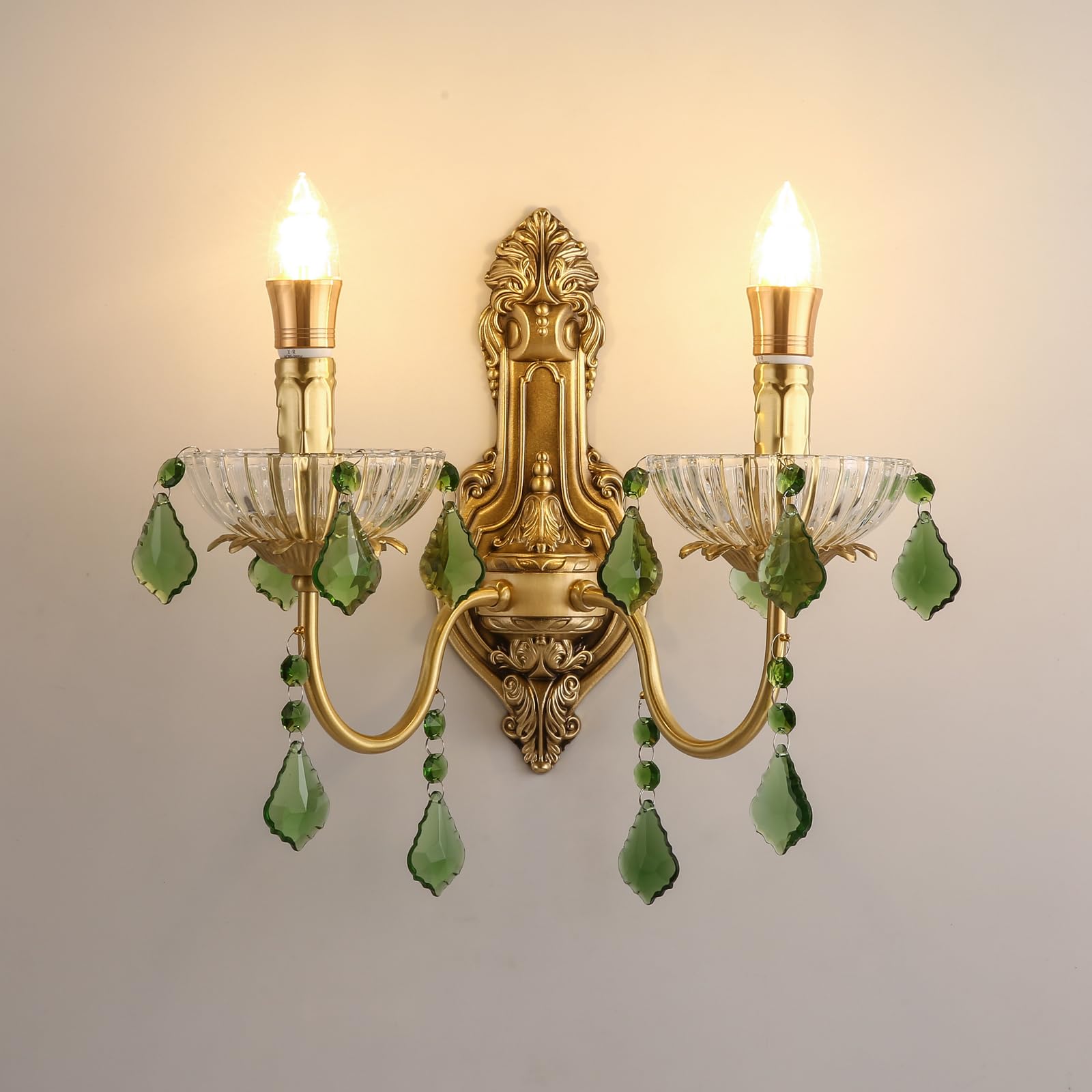 HUAYUSEDF French Brass Crystal Wall Sconces American Retro Candle Living Room Bedroom Bedside Lamp Villa Hotel Study Aisle Corridor Light (H 1 Light)(G 2 Lights)