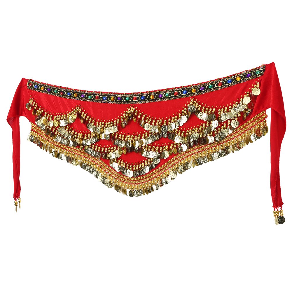 Vgeby Women's Red Belly Dance Hip Belt Fashionable Dancing Costume Waist Scarf Belt 328 Golden Coins Tassel(Red)