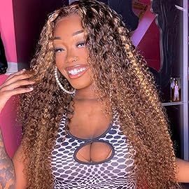 Bangjazz 13x4 Deep Wave Lace Front Wigs Highlight Ombre Human Hair 180% Density P4/27 Colored Glueless Curly Wigs for Black Women 18 Inch