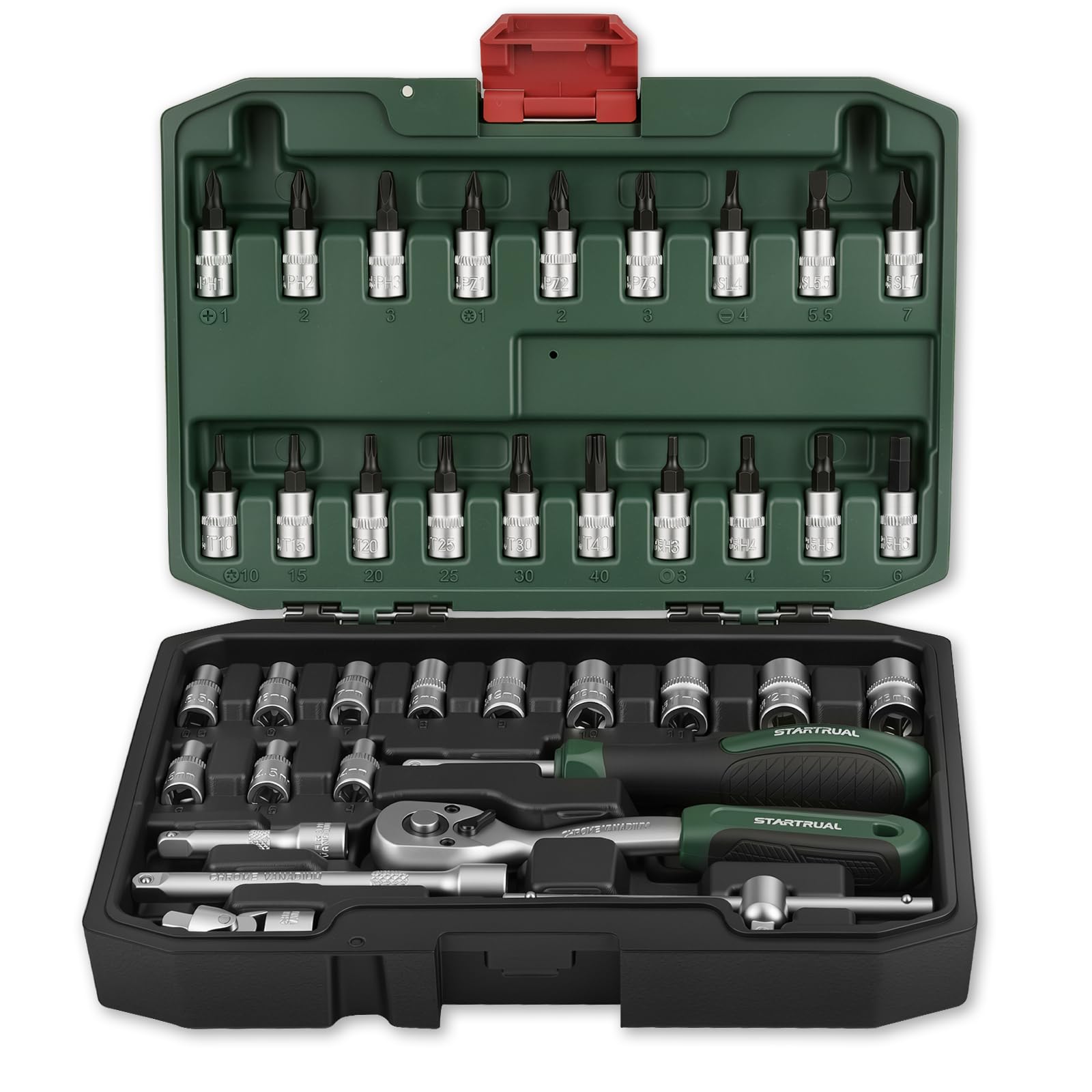 STARTRUAL 37-Piece 1/4 inch Socket Ratchet Wrench Set, 72 Teeth Ratchet