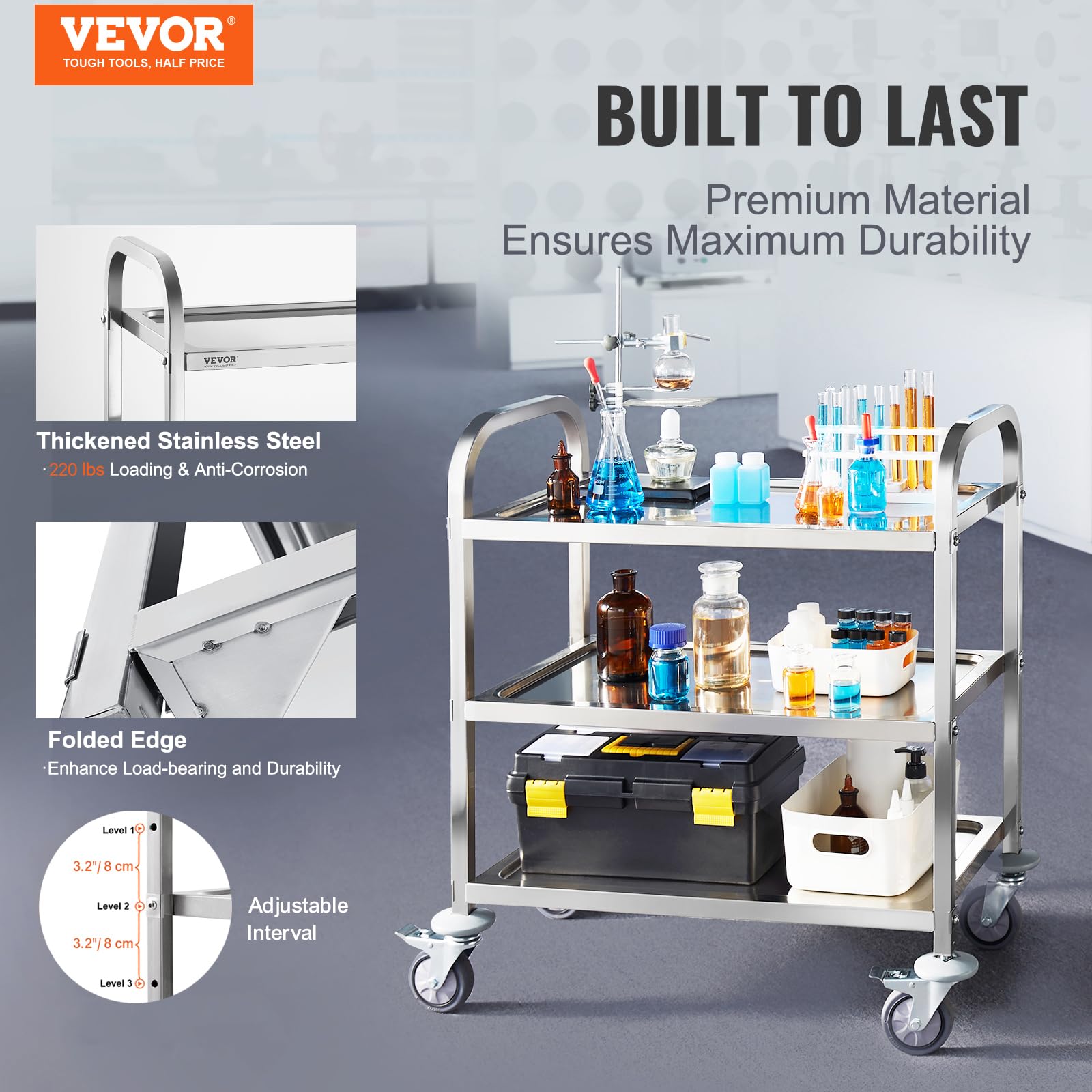 VEVOR Carro de Laboratorio 3 Niveles 4 Ruedas Carrito de Médico 74x39,6x86 cm Carro de Acero Inoxidable Carga de 100 kg Movimiento Silencioso para Almacenamiento Clínico Cocina Hotel Salón de Belleza