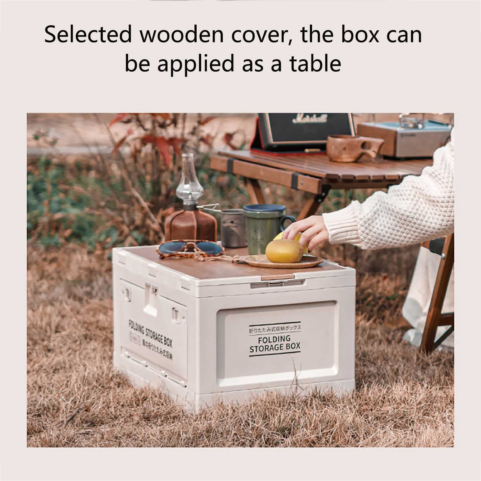 Zusammenklappbare Aufbewahrungsbox mit Holzdeckel, 50 l großer zusammenklappbarer Outdoor-Behälter, Camping-Box, Camping-Organizer, Faltbox, für Camping, Autoaufbewahrung, Haussort