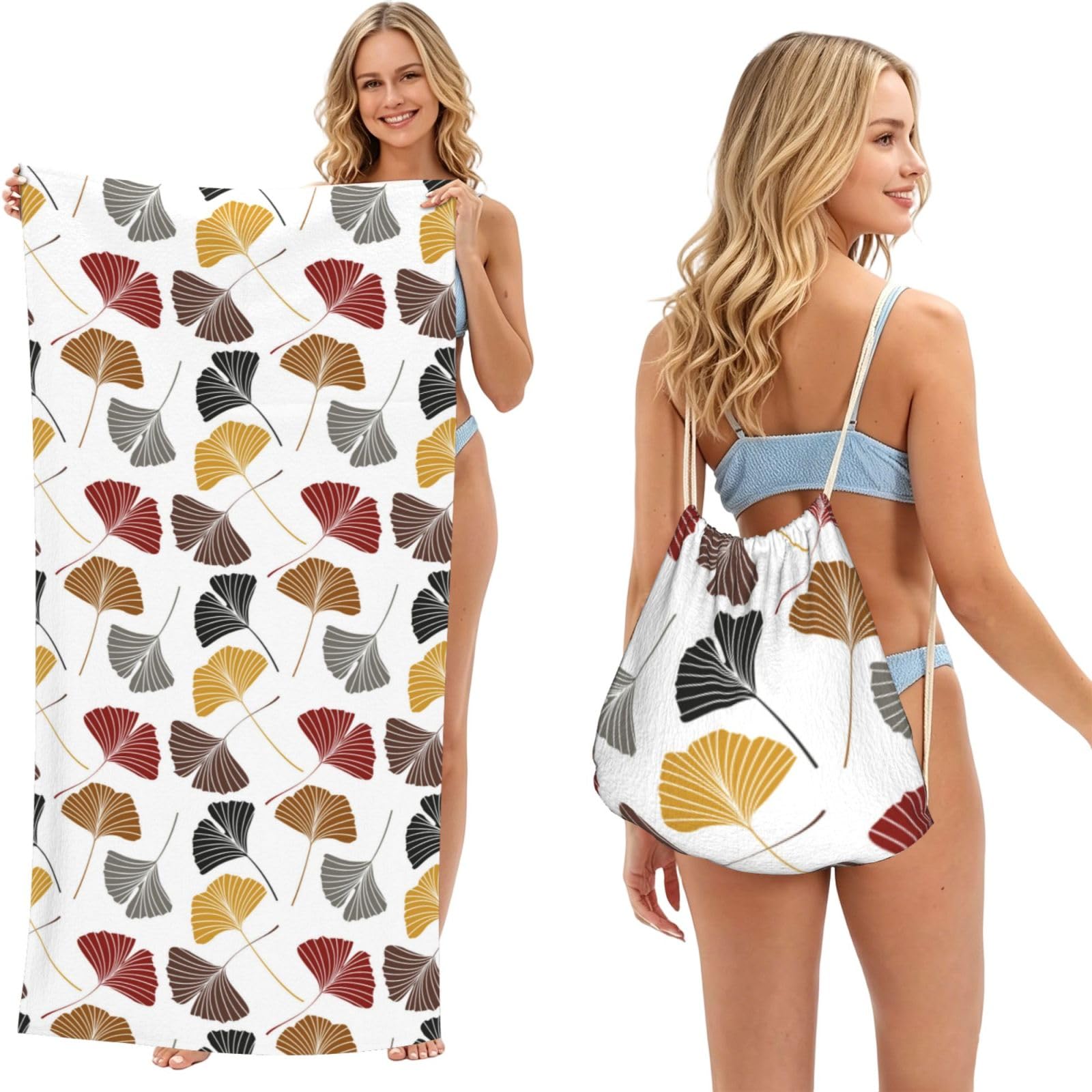 Poadnly As Picture Ginkgo Leaves, 2 In 1 Packable Towel Bag, Beach Towels With Drawstring Backpack For Travel Holiday Camping