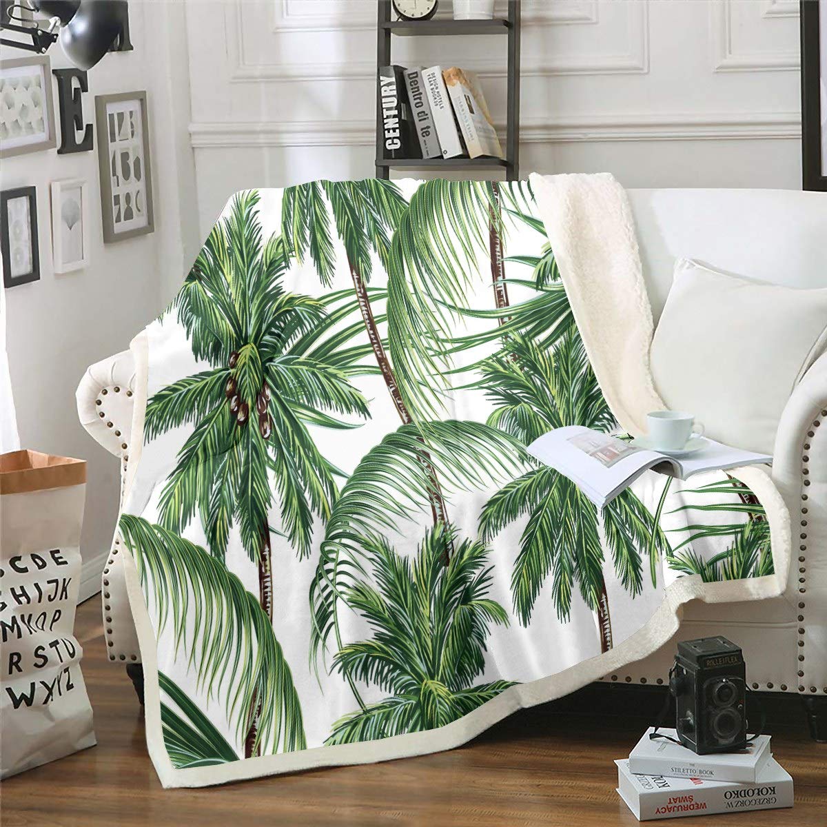 Loussiesd Coconut Tree Fleece Blankets Kids Boys Adults Tropical Plants Throw Blanket Botanical Pattern Sherpa Blanket Summer Hawaii Vacation Plush Blankets,Room Decor Fuzzy Blanket Baby 30"x40"