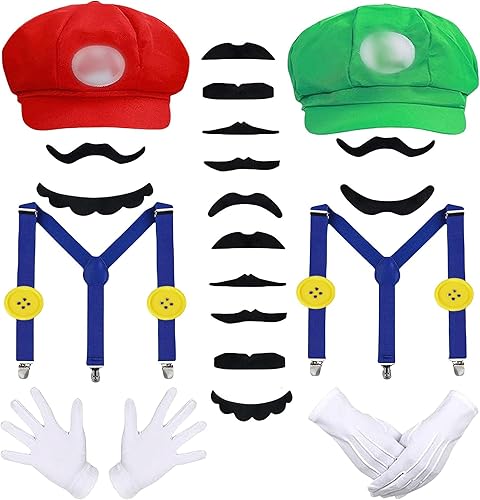 Sombrero de Bros Mary & Luigi para disfraz de bigotes y guantes botones para disfraz de Halloween Cosplay
