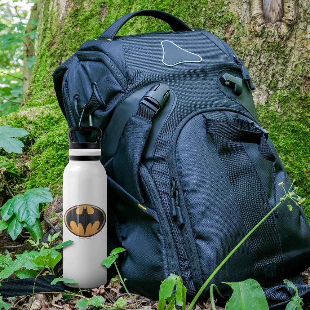 The Flash OFFICIAL Batman Logo 24 oz Insulated Canteen Water Bottle, Leak Resistant, Vacuum Insulated Stainless Steel with Loop Cap, White