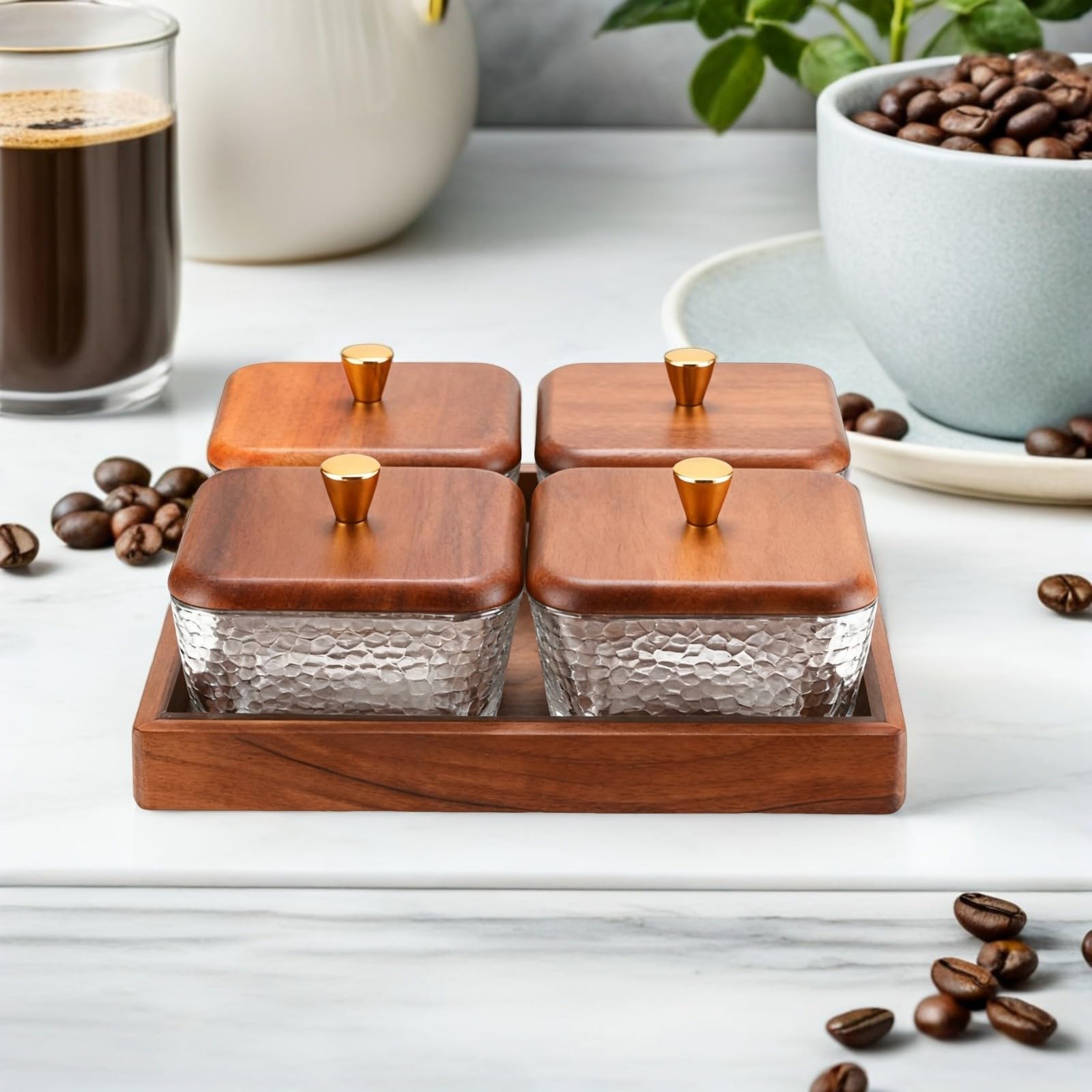Zerodeko Bandeja de Fruta de Madera y Vidrio con 4 Compartimentos, Diseño Dividido para Organizar Snacks y Mantener Frescos, Adecuado para Despensa de Cocina y Eventos al Aire Libre