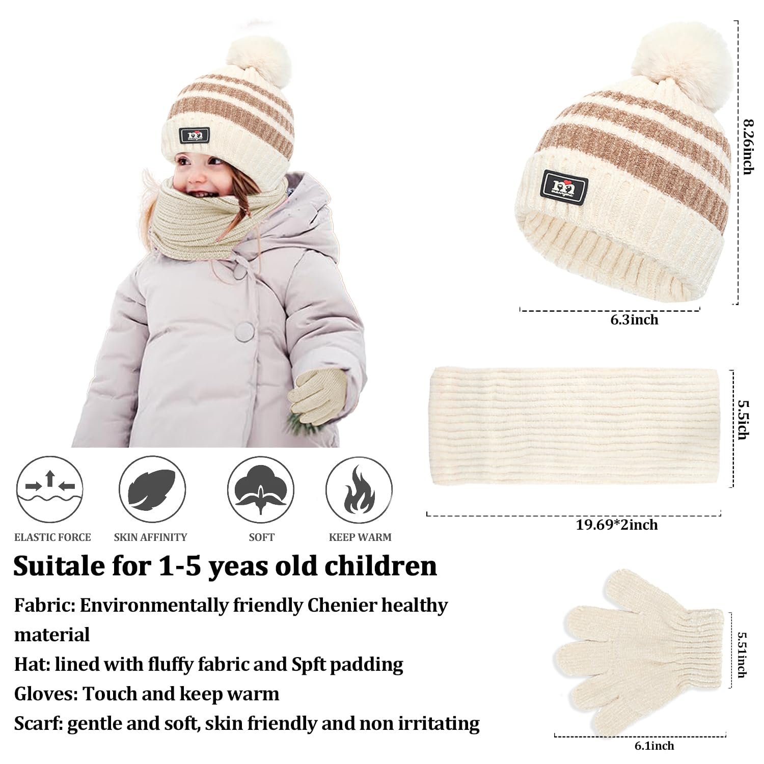 JFAN 3in1 Conjunto de Gorro Guantes y Bufanda de Invierno para Niños Térmico con Pompon Chenille 1-5 Años
