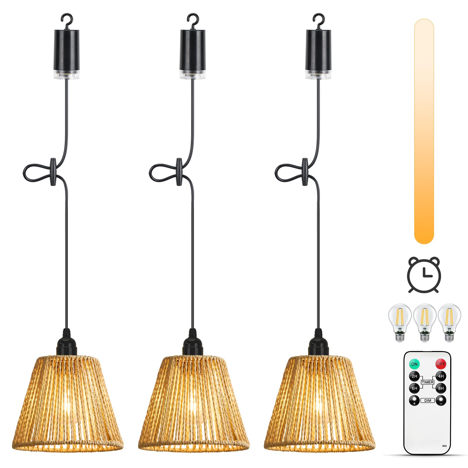 Lightess 3x Pendelleuchte Akku Hängelampe dimmbar Hängeleuchte Boho IP65 | Rattan-Lampenschirm, ohne Stromanschluss, Fernbedienung dimmbar 4 Stufen & Timer für Garten, Terrasse, Schlafzimmer, Esstisch