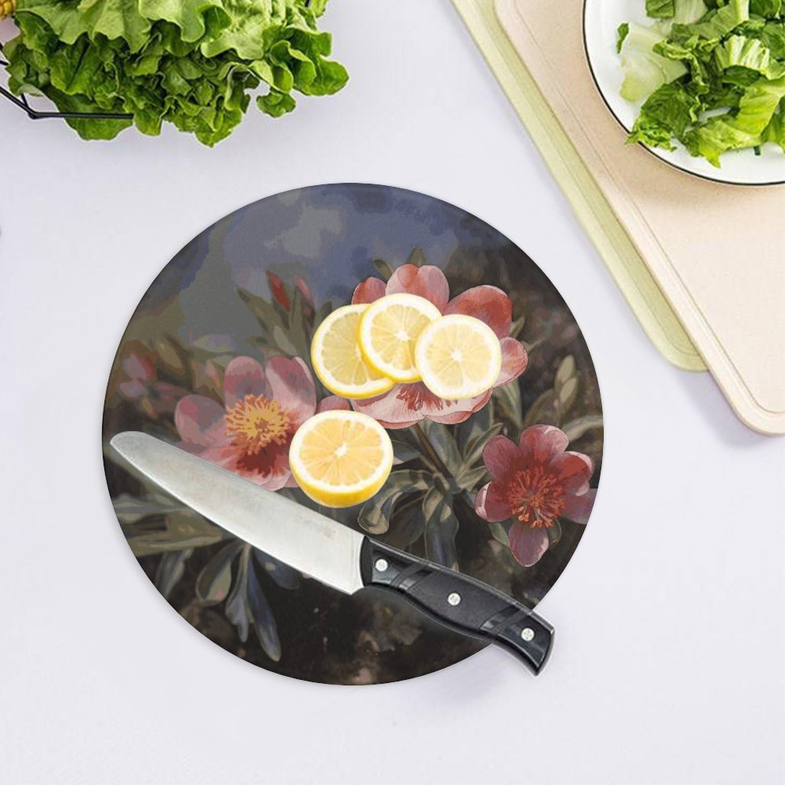 Tagliere rotondo con fiore primaverile, facile da pulire, taglieri per cucina di grandi dimensioni 7,9, taglieri essenziali da cucina, comodo per carne e verdure