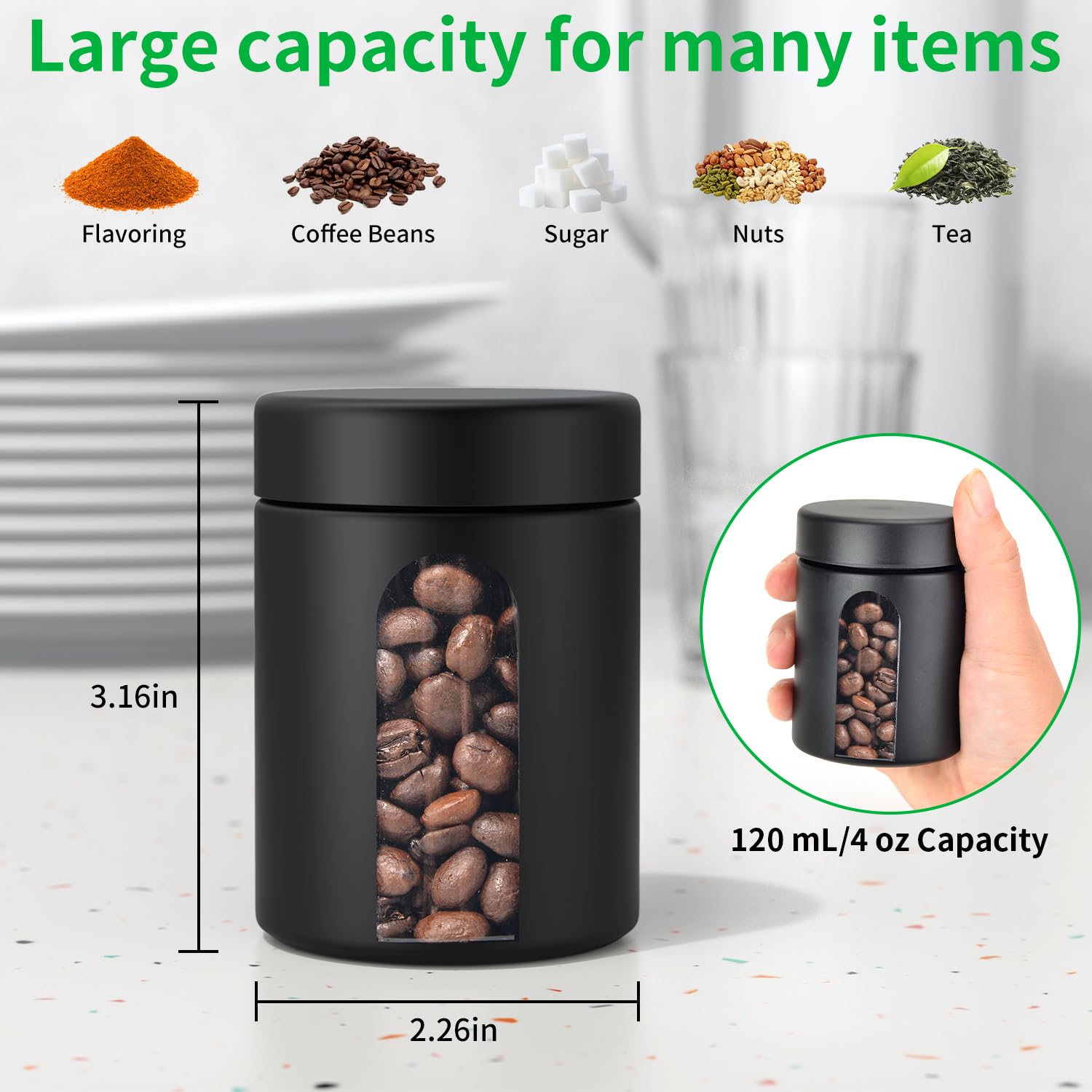Urekt Tarro de almacenamiento de vidrio (4 onzas), paquete de 2 recipientes visuales a prueba de olores con tapa resistente a los niños, pequeña botella impermeable multiusos para café, té, hierbas,