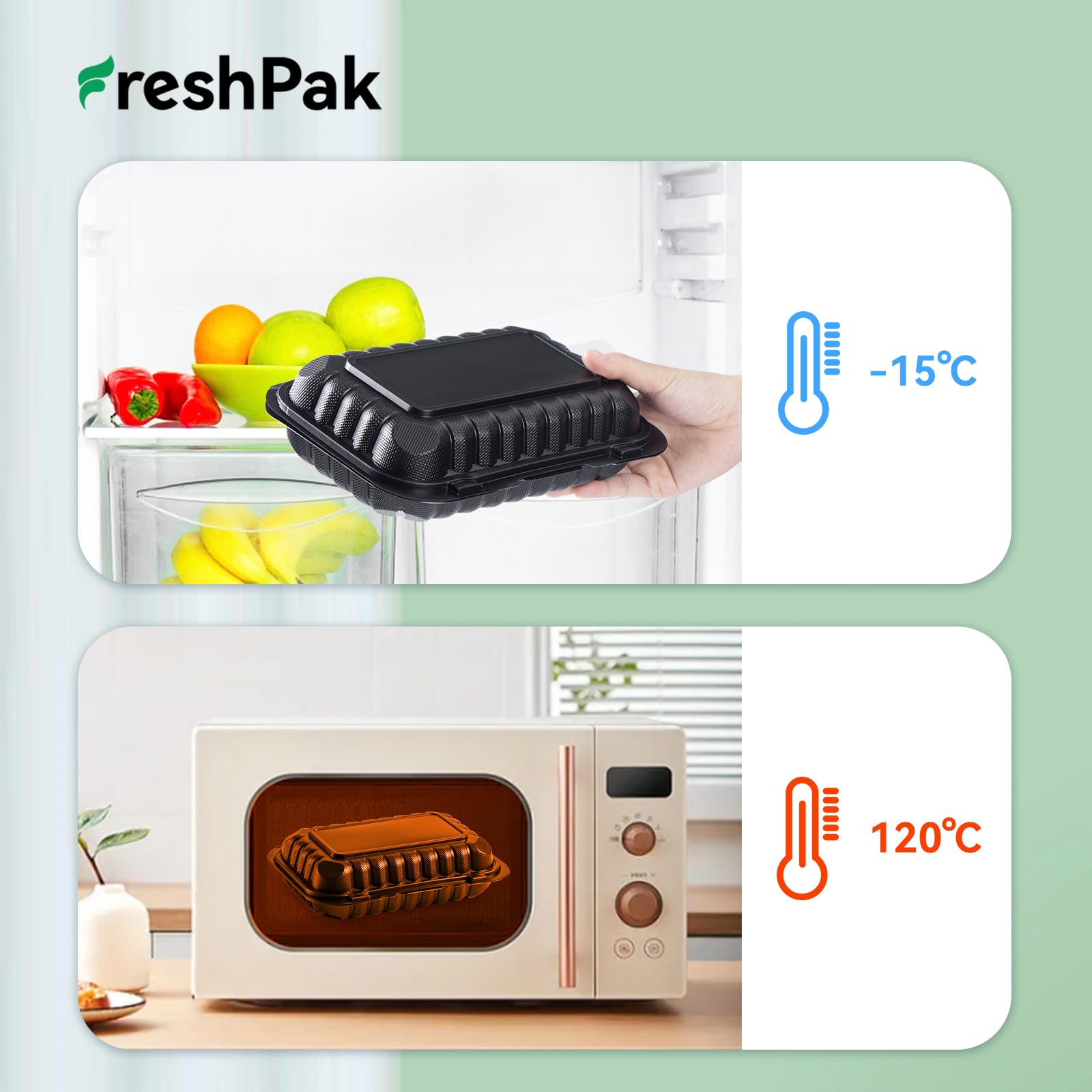 FRESHPAK Contenedores para llevar, de plástico negro de 27 onzas, paquete de 50 unidades, reutilizables, sin BPA, resistentes, con bisagras, desechables, con tapas para preparar comidas y llevar