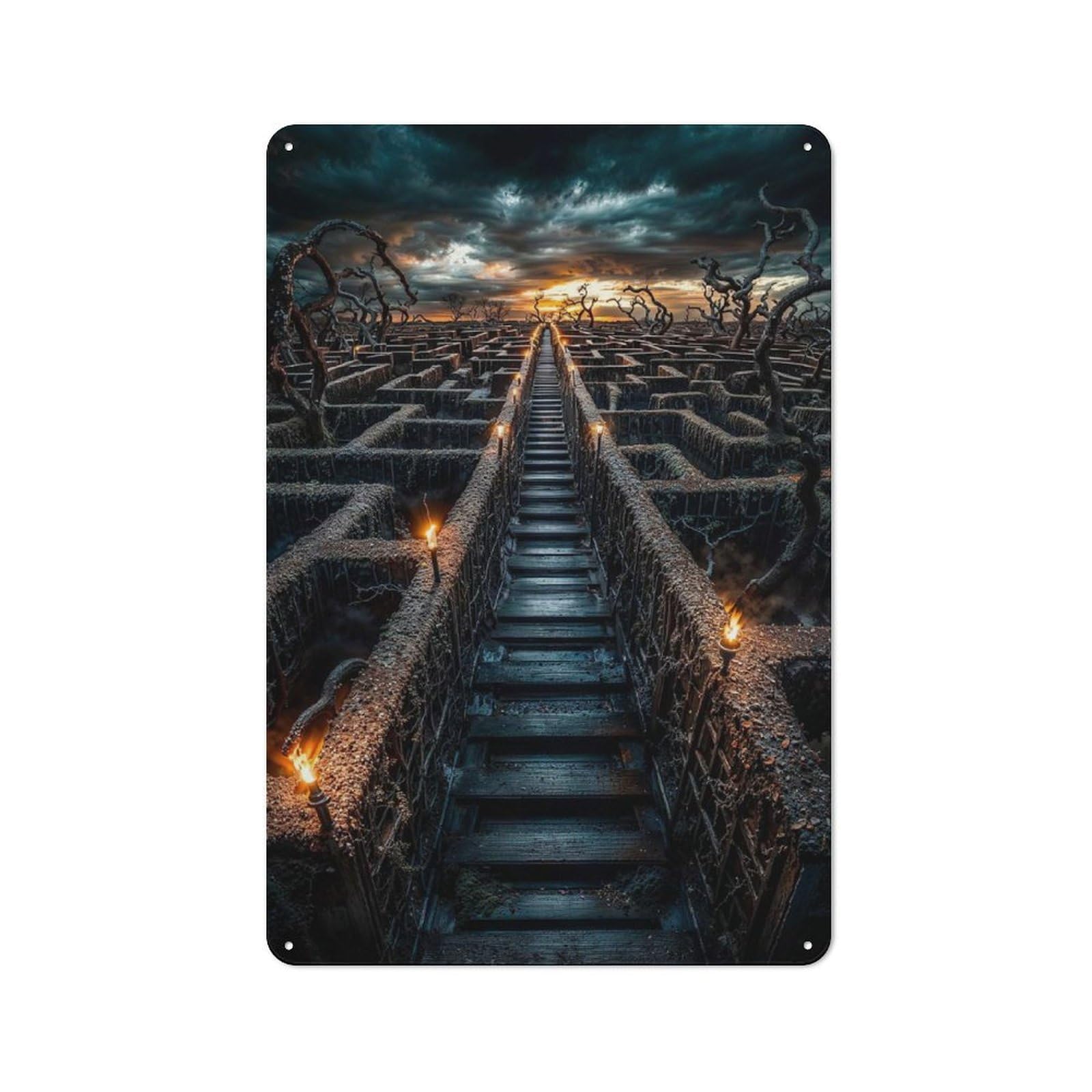 Junmoney Stone Maze At Sunset Metal Plaque 30X20cm With For Pub Or Café, Rustic Decor, For Pub Decor Enthusiasts