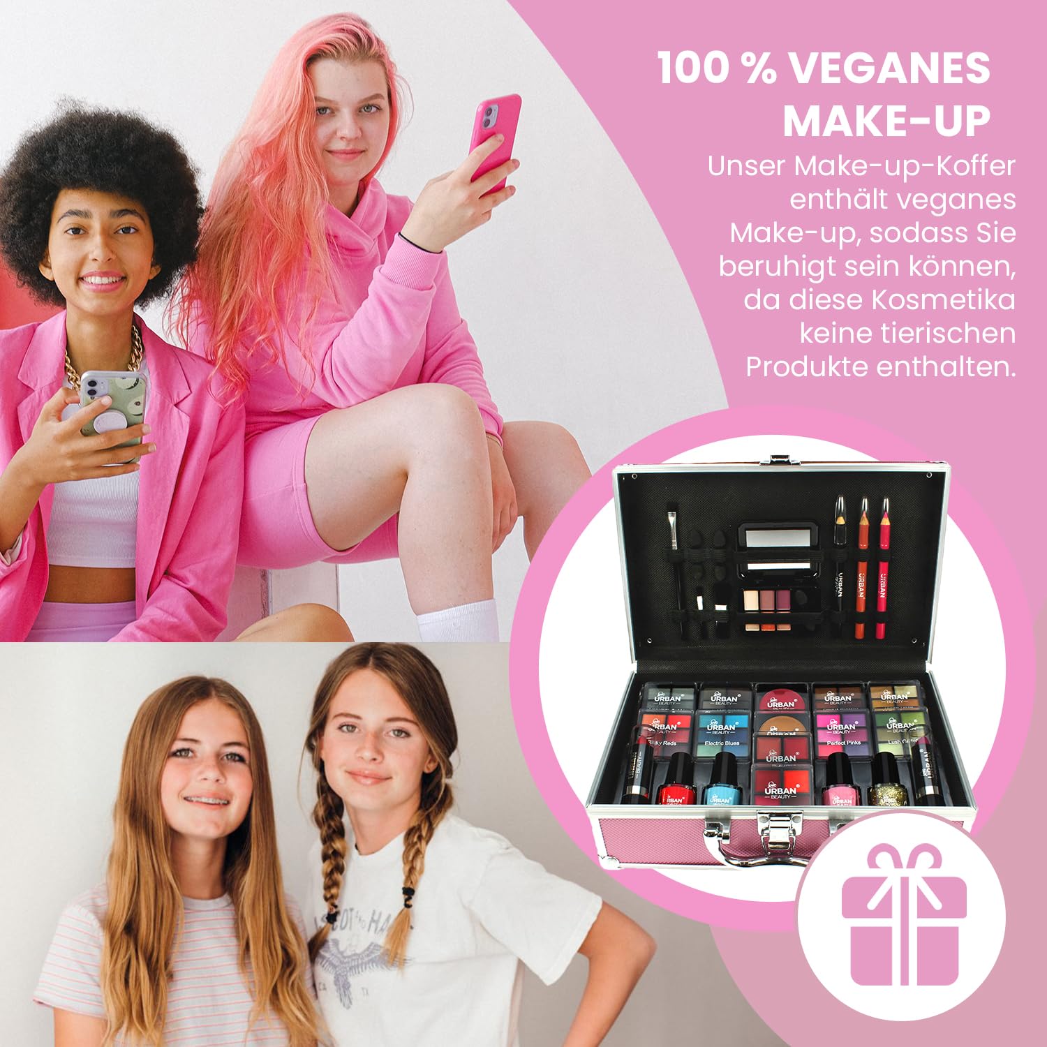 LOVE URBAN BEAUTY Veganes Hot Pink Schminkkoffer - 82-teiliges Schminkset für Teenager und Frauen mit Lidschatten, Rouge, Lippenstiften und Nagelprodukten - lustiger Reise-Schminkkoffer für Mädchen