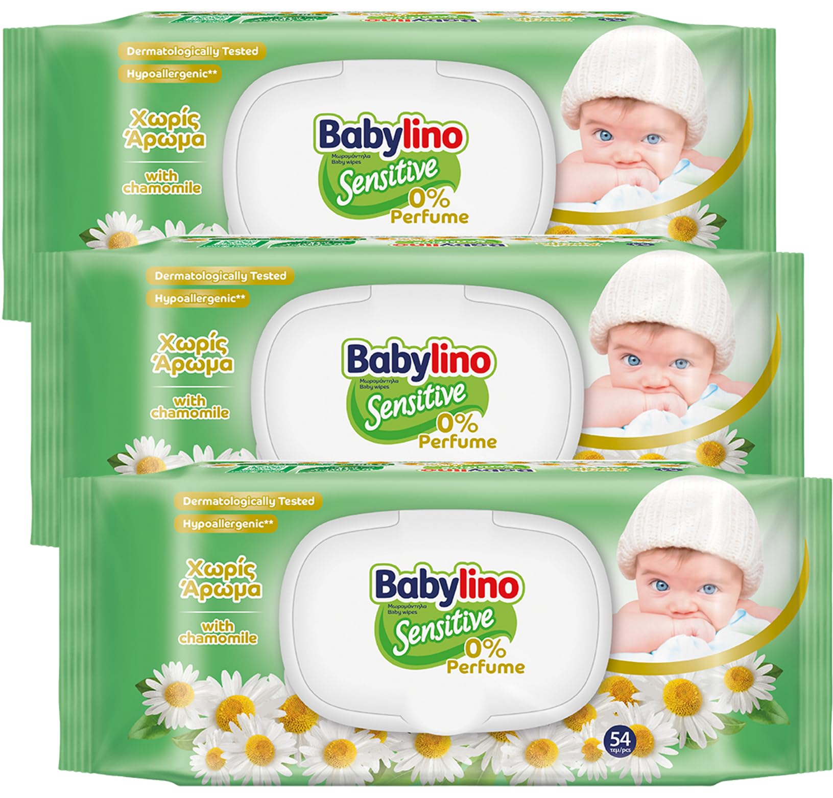 Babylino Sensitive Baby Tücher 0% Duft, 98% natürliche Formel, die den pH-Wert der Haut wiederherstellt, 3 Packungen mit Frischeverschluss, 162 Tücher