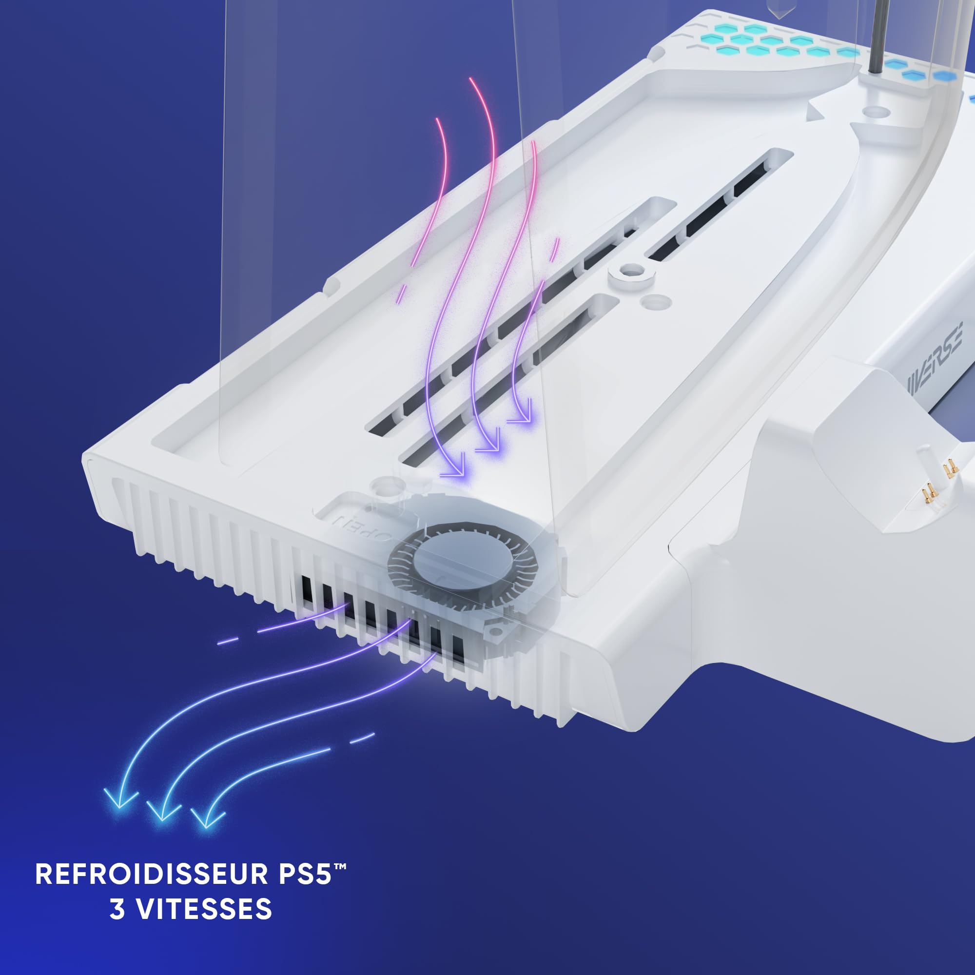 Support PS5/PS5 Slim - Station de refroidissement ventilateur à 3 vitesses, Double chargeur manette PS5 compatible DualSense, Support recharge casque et rangement accessoire 14 Jeux - Nexus 5