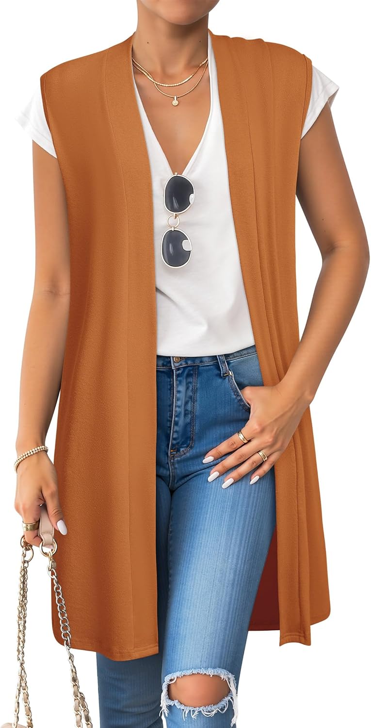 ZXZY Long Vest for Women Sleeveless Knit Cardigan Open Front Draped Sweater Duster Casual Lightweight Outwear Vests - Image 3