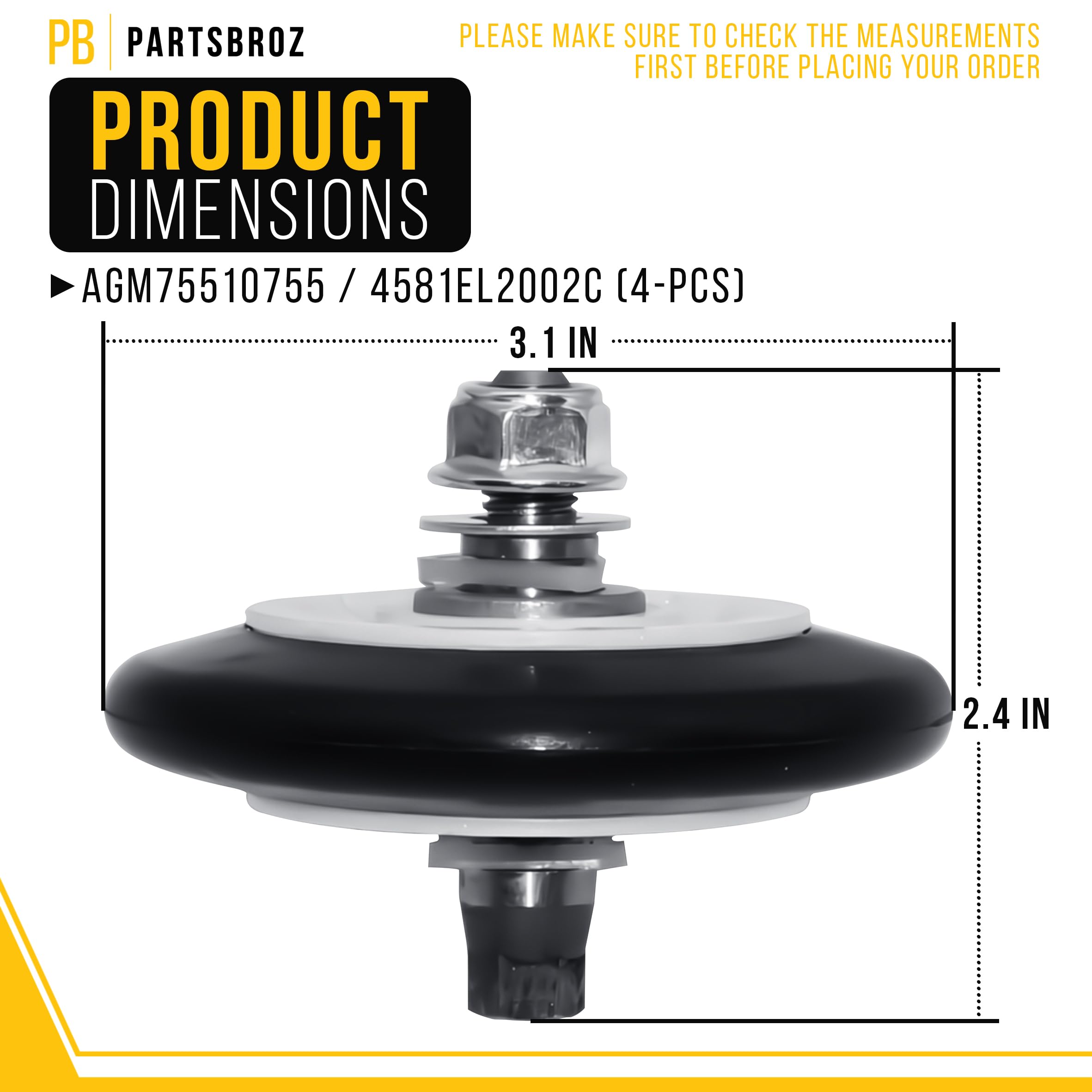 PartsBroz 4581EL2002H 4581EL2002C - Conjunto de rodillo de tambor de secadora (paquete de 4) [puntas de bricolaje incluidas] por PartsBroz – Compatible con GE Kenmore LG – Sustituye a AP5688895