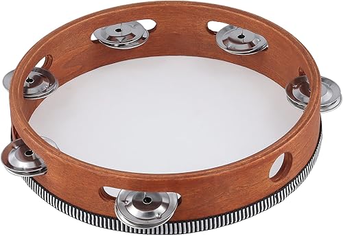 Miniatura 17 de 4 panderetas de madera de 4, 6, 8, 10 pulgadas, juego de panderetas de instrumentos musicales, campanas de batería de mano, jingles de metal, Marrón