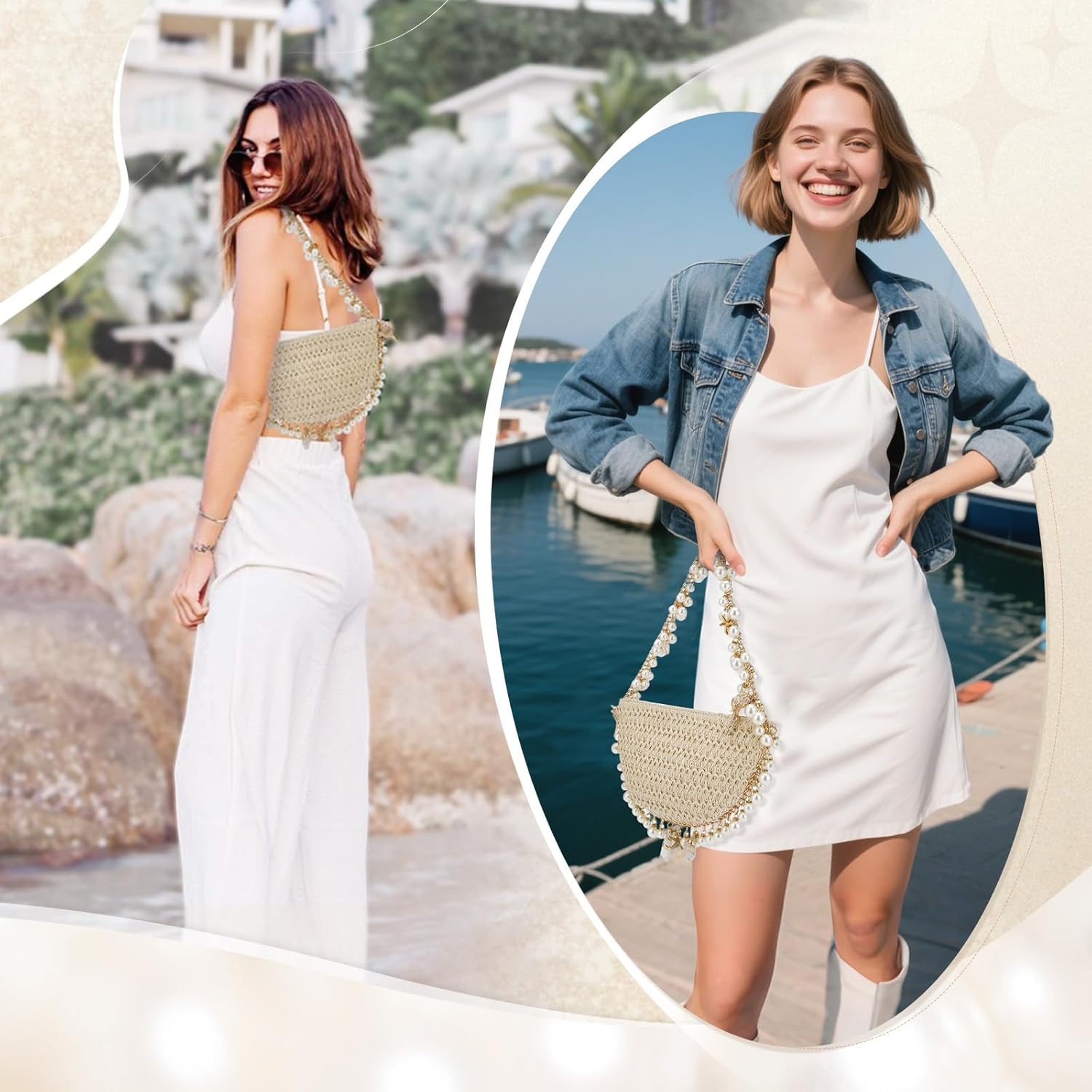 Gets Women Pearl Straw Clutch Purse Woven Summer Beach Evening Bag Wedding Party Straw Shoulder Handbag